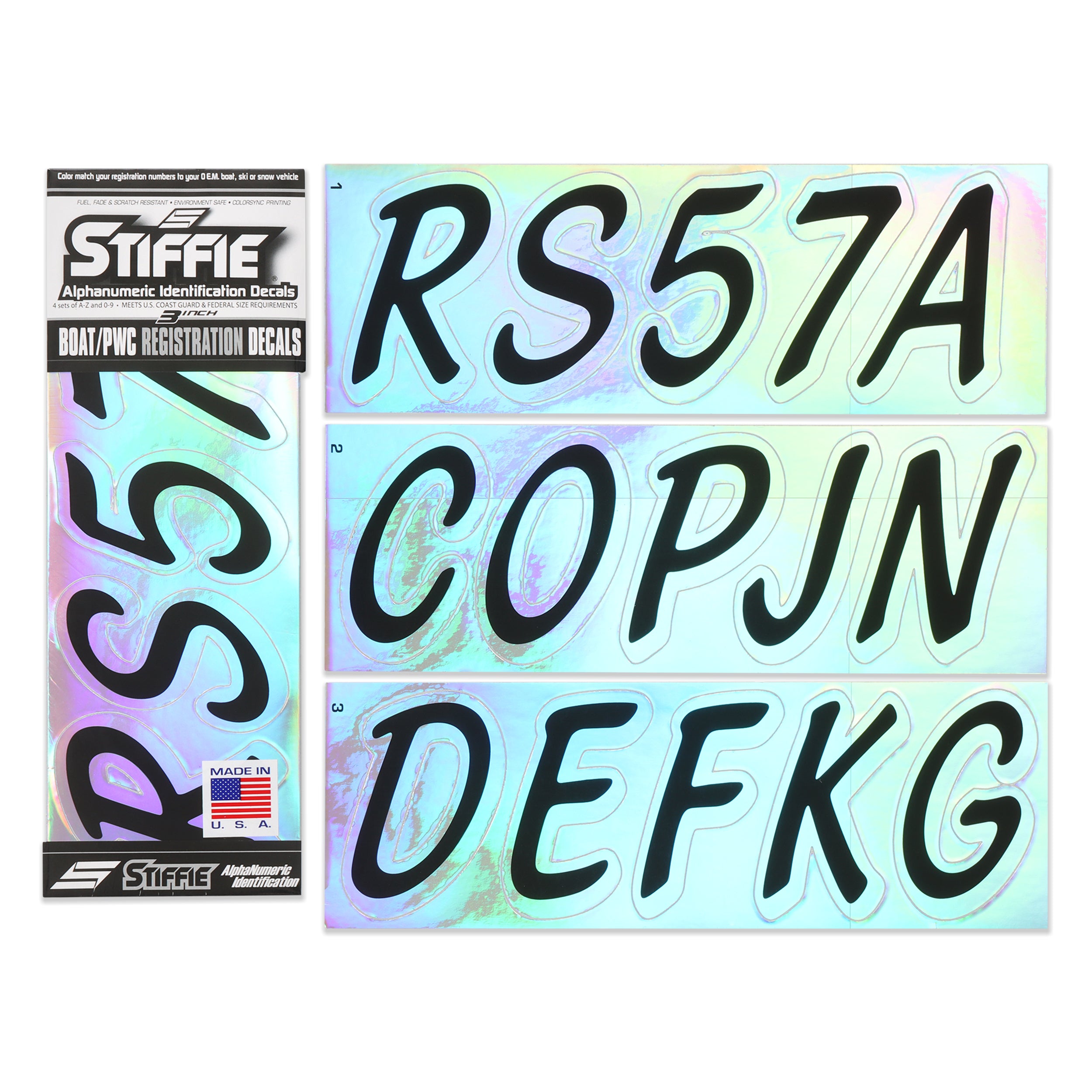 STIFFIE Whipline Black/Rainbow Chrome 3" Boat & PWC Registration Decals • Numbers Letters Stickers