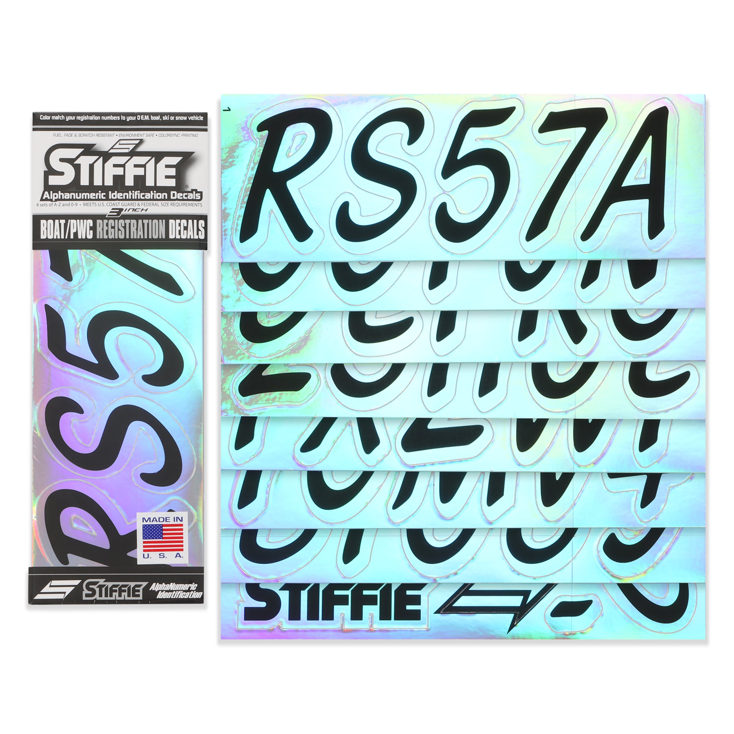 STIFFIE Whipline Black/Rainbow Chrome 3" Boat & PWC Registration Decals • Numbers Letters Stickers
