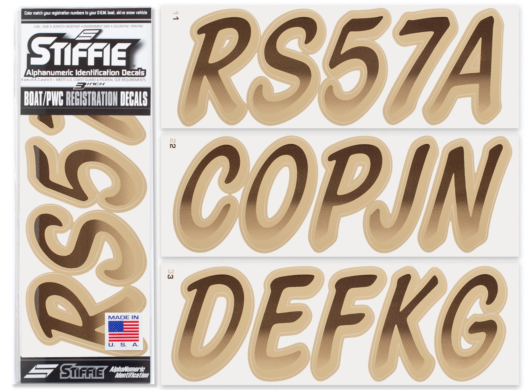 STIFFIE Whipline Espresso Brown/Tan 3" Boat & PWC Registration Decals • Numbers Letters Stickers
