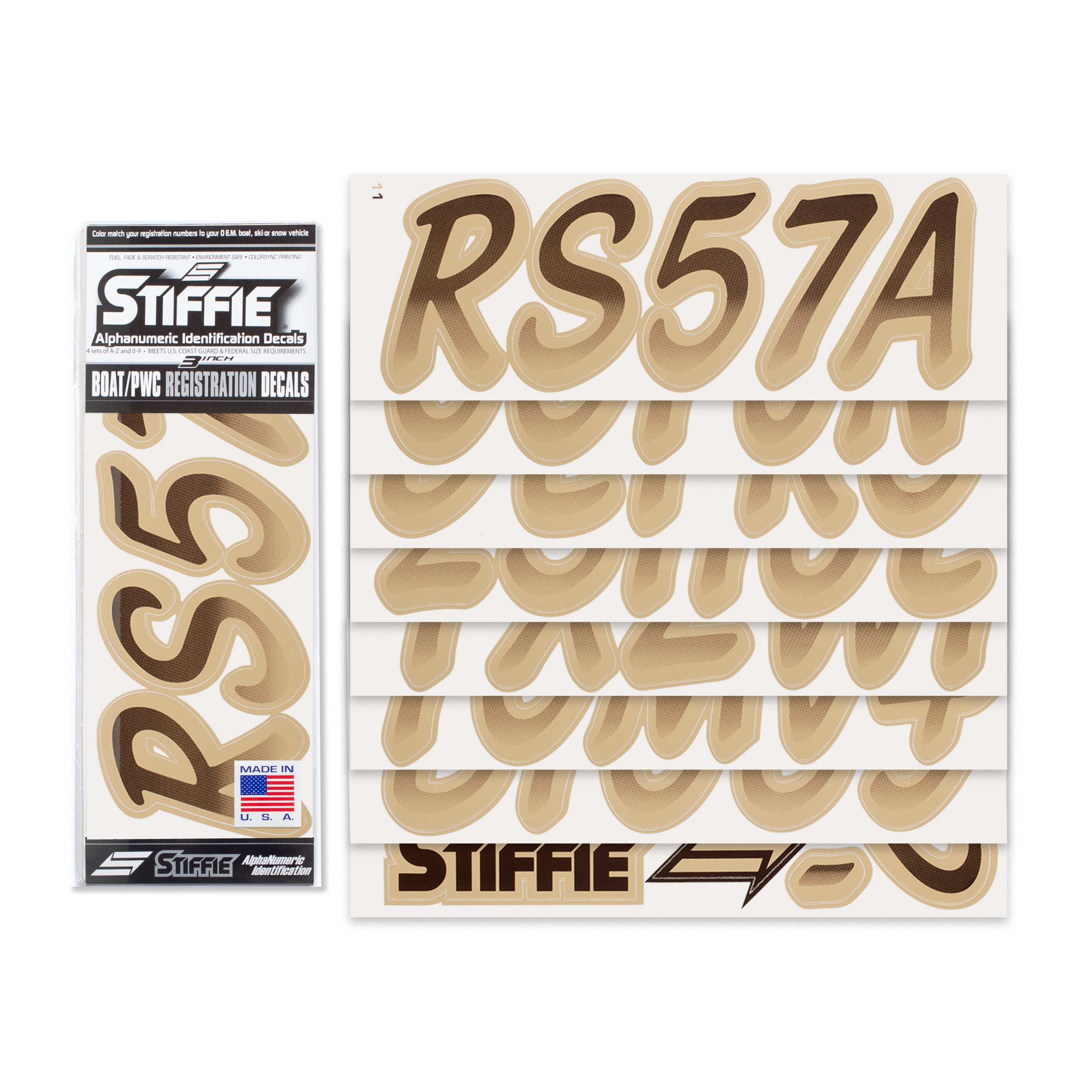 STIFFIE Whipline Espresso Brown/Tan 3" Boat & PWC Registration Decals • Numbers Letters Stickers