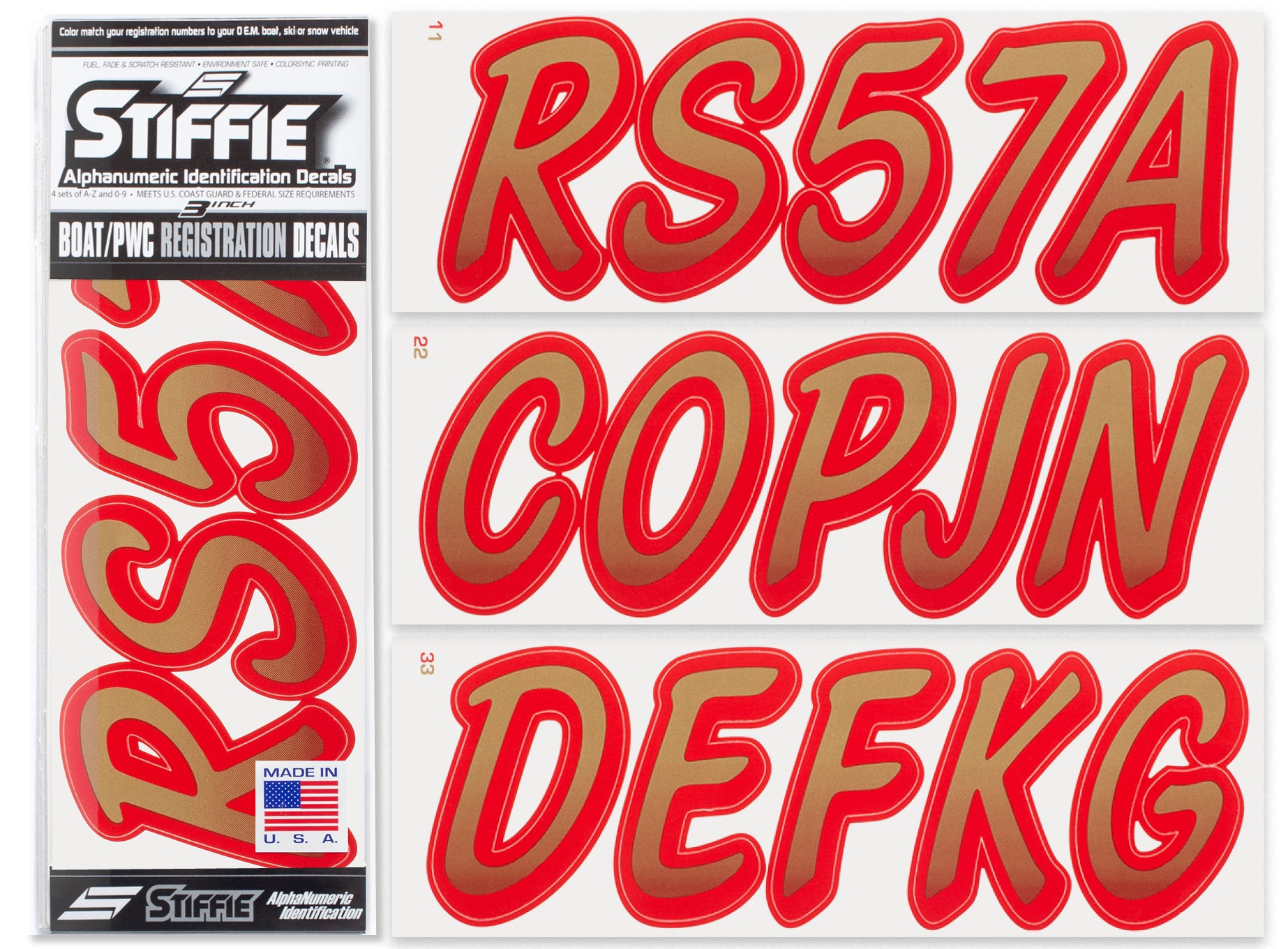 STIFFIE Whipline Metallic Gold/Red 3" Boat & PWC Registration Decals • Numbers Letters Stickers