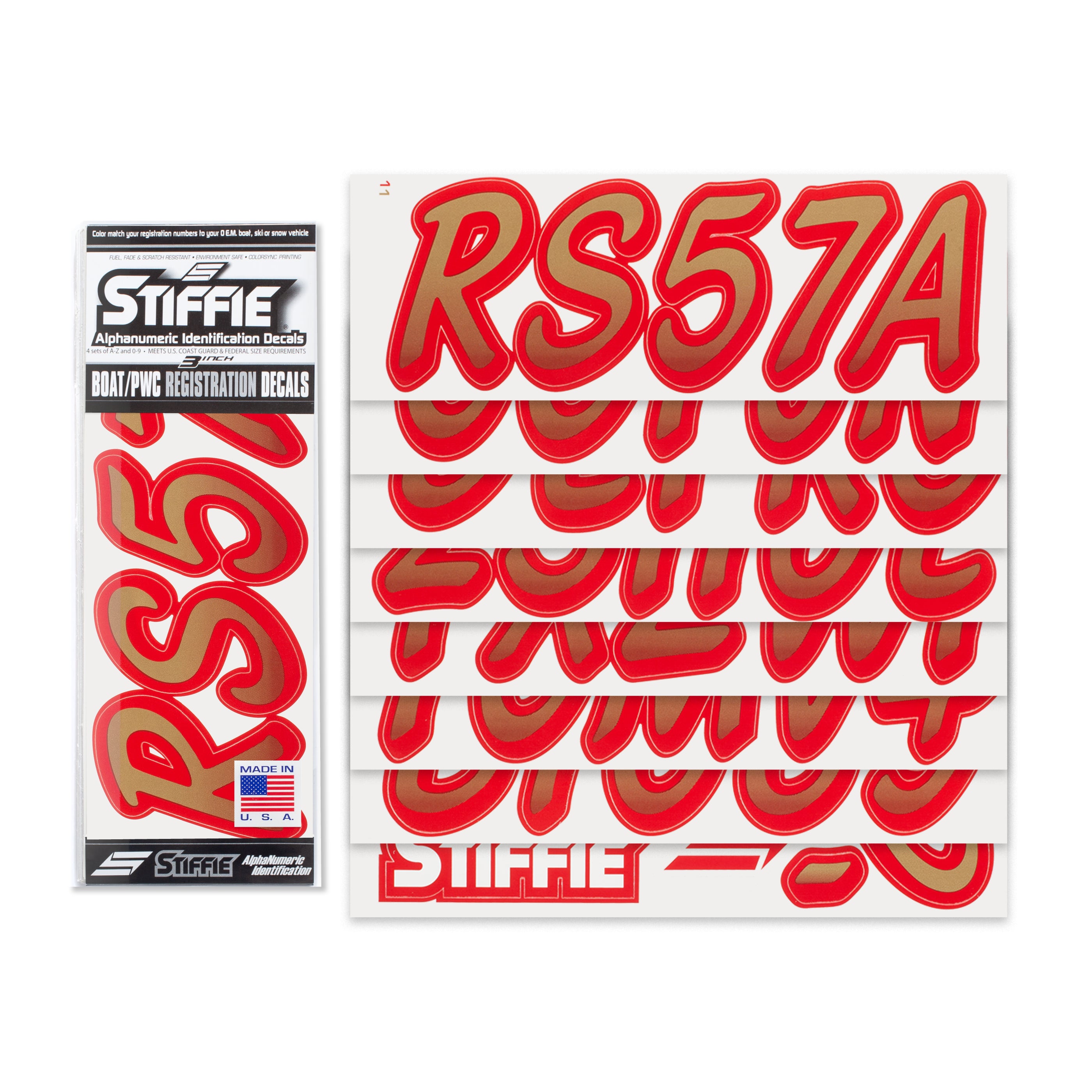 STIFFIE Whipline Metallic Gold/Red 3" Boat & PWC Registration Decals • Numbers Letters Stickers