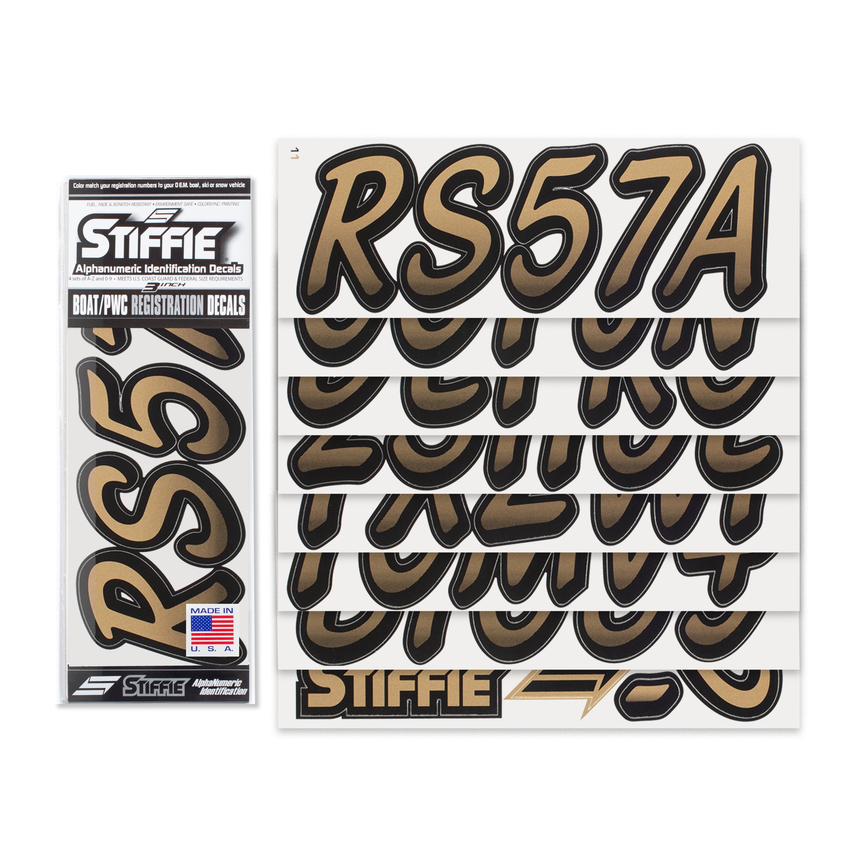 STIFFIE Whipline Metallic Gold/Black 3" Boat & PWC Registration Decals • Numbers Letters Stickers