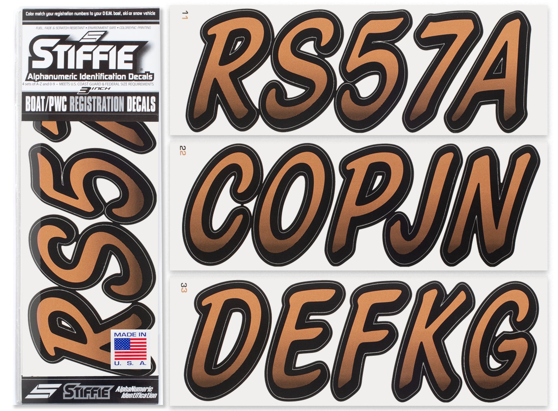 STIFFIE Whipline Metallic Copper/Black 3" Boat & PWC Registration Decals • Numbers Letters Stickers