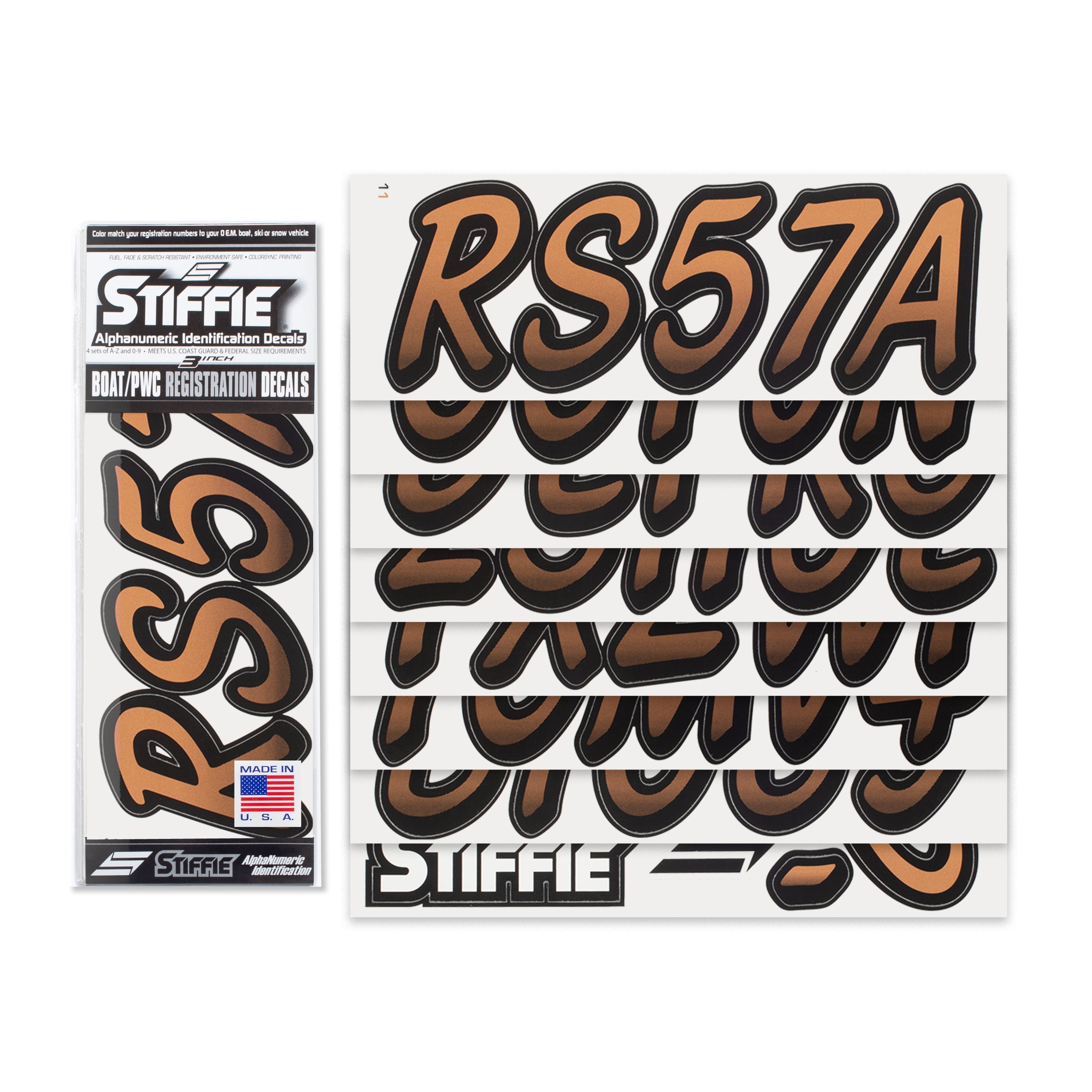 STIFFIE Whipline Metallic Copper/Black 3" Boat & PWC Registration Decals • Numbers Letters Stickers