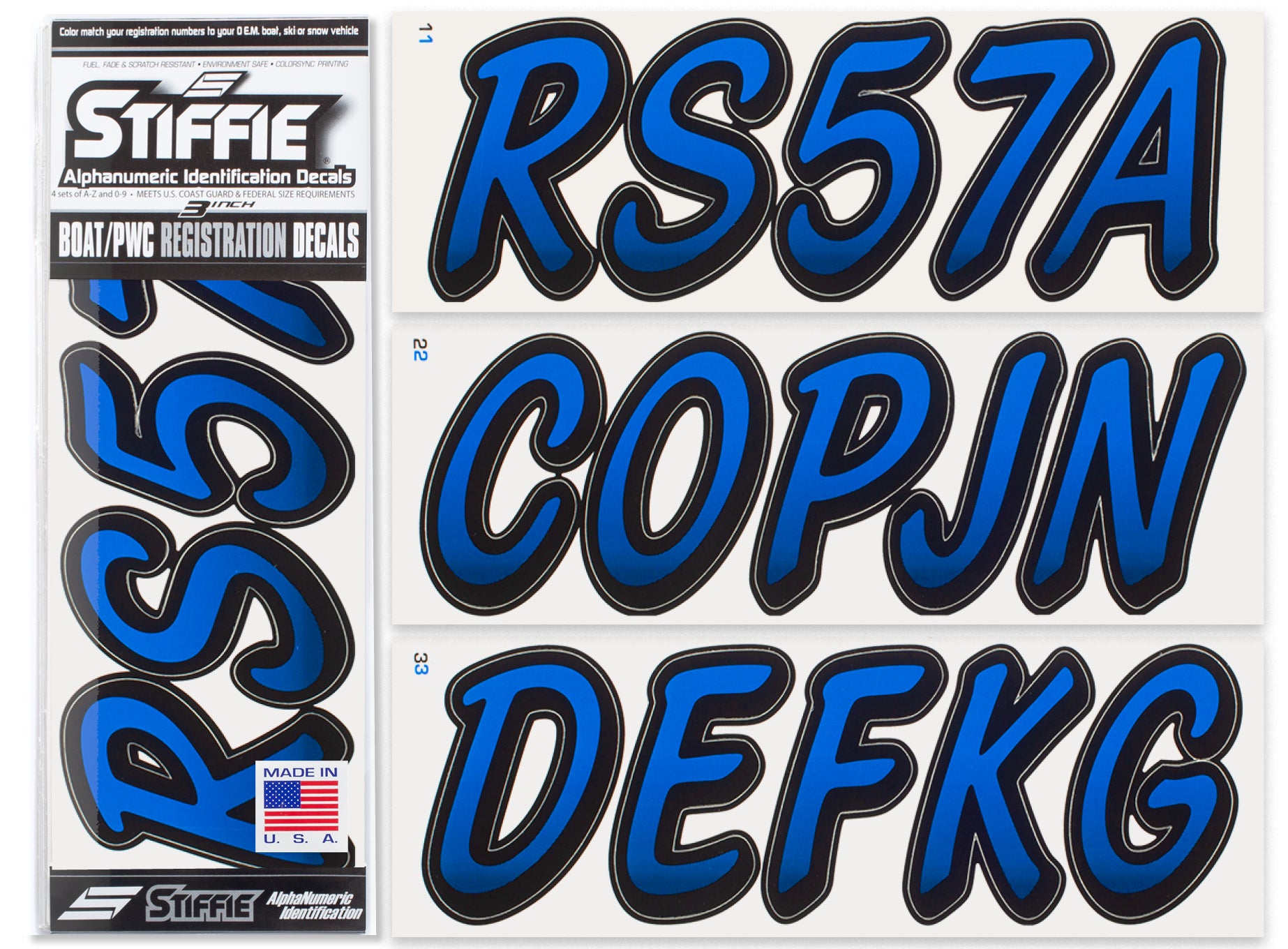 Stiffie Whipline Blue/Black 3" Alpha-Numeric Registration Identification Numbers Stickers Decals for Boats & Personal Watercraft