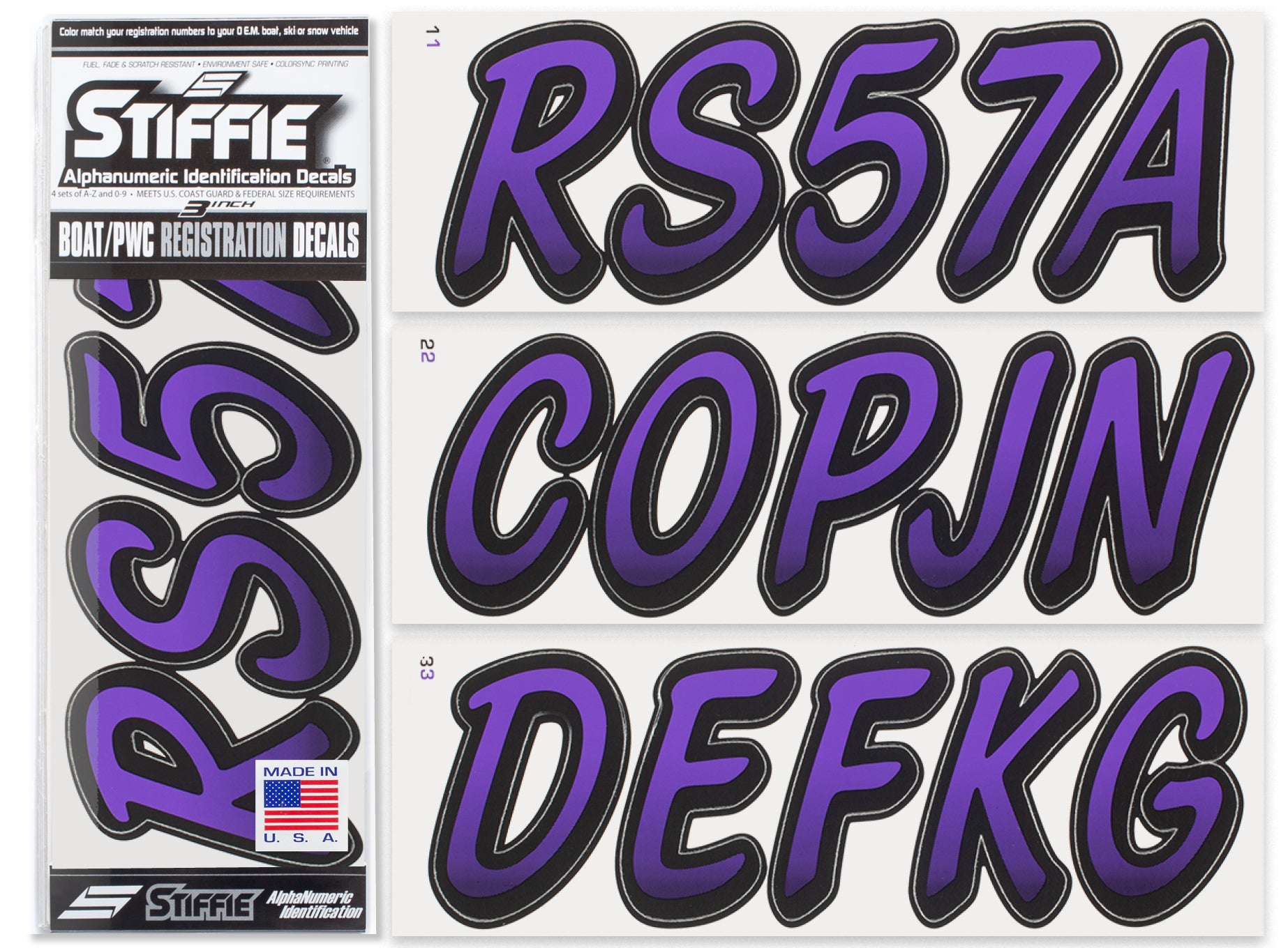 STIFFIE Whipline Purple/Black 3" Boat & PWC Registration Decals • Numbers Letters Stickers