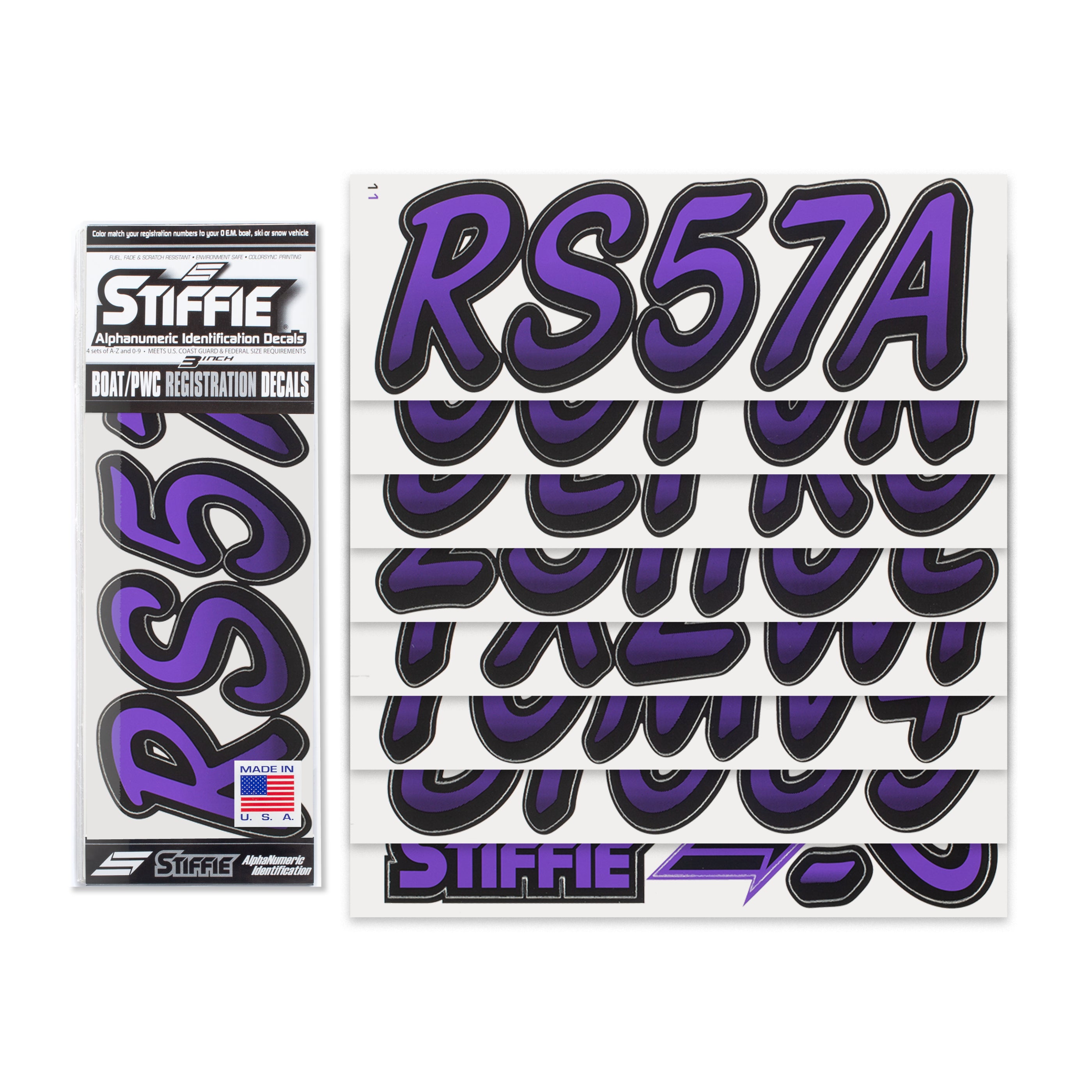 STIFFIE Whipline Purple/Black 3" Boat & PWC Registration Decals • Numbers Letters Stickers