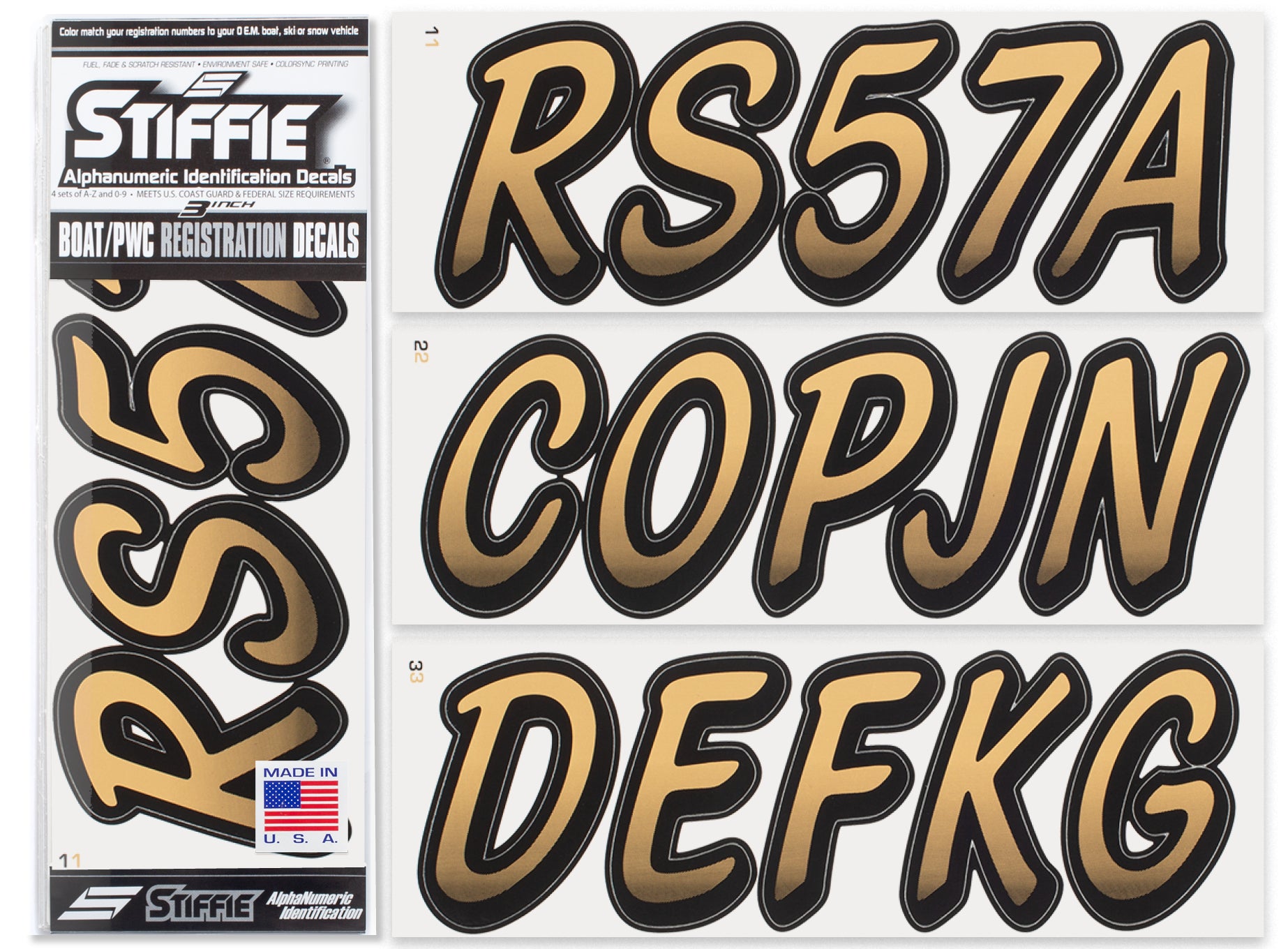 STIFFIE Whipline Tan/Black 3" Alpha-Numeric Registration Identification Numbers Stickers Decals for Boats & Personal Watercraft