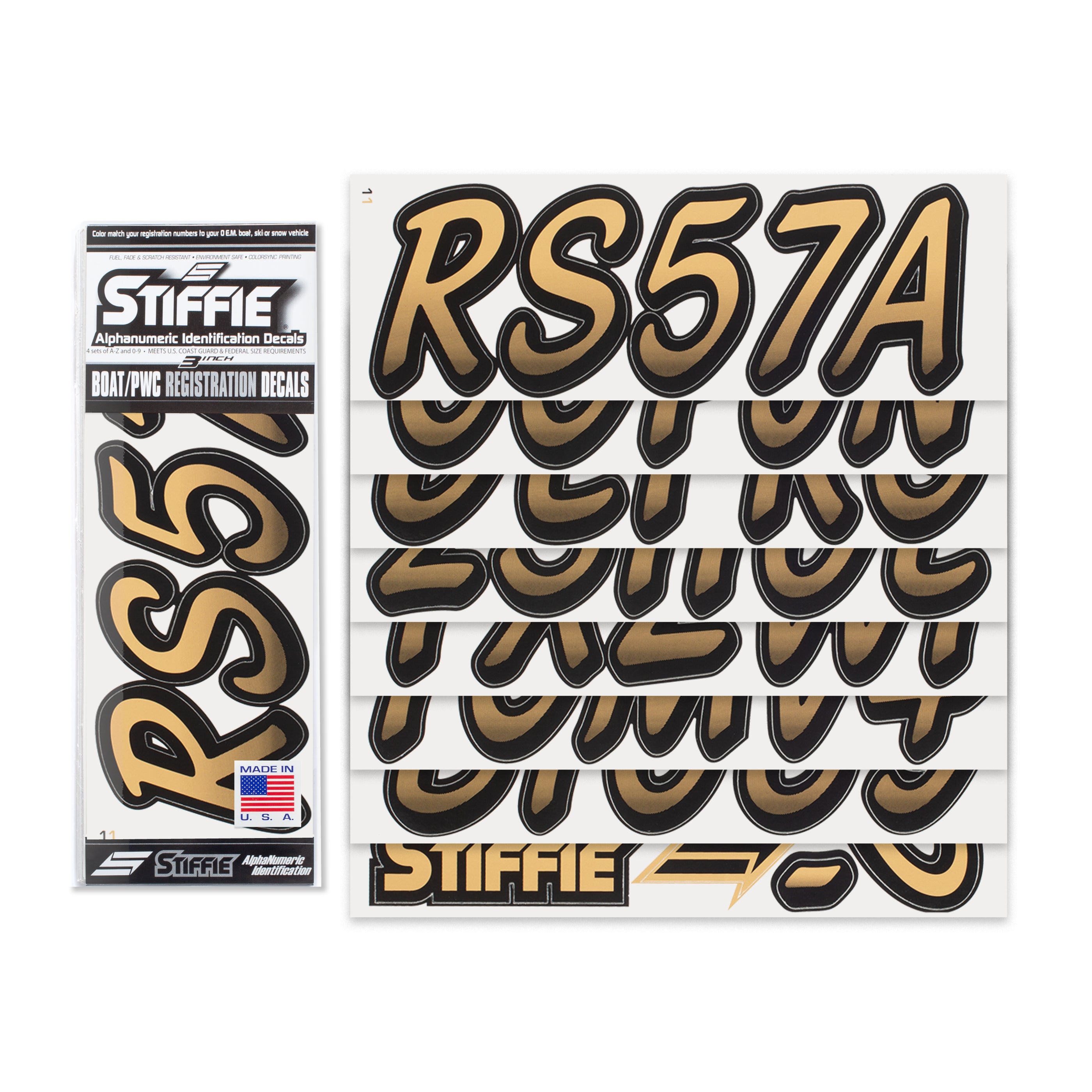 STIFFIE Whipline Tan/Black 3" Alpha-Numeric Registration Identification Numbers Stickers Decals for Boats & Personal Watercraft