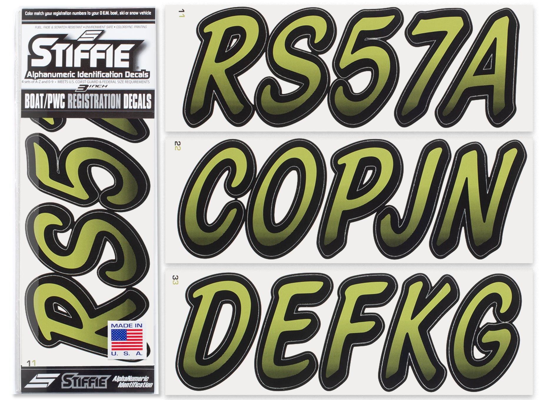 STIFFIE Whipline Moss/Black 3" Boat & PWC Registration Decals • Numbers Letters Stickers