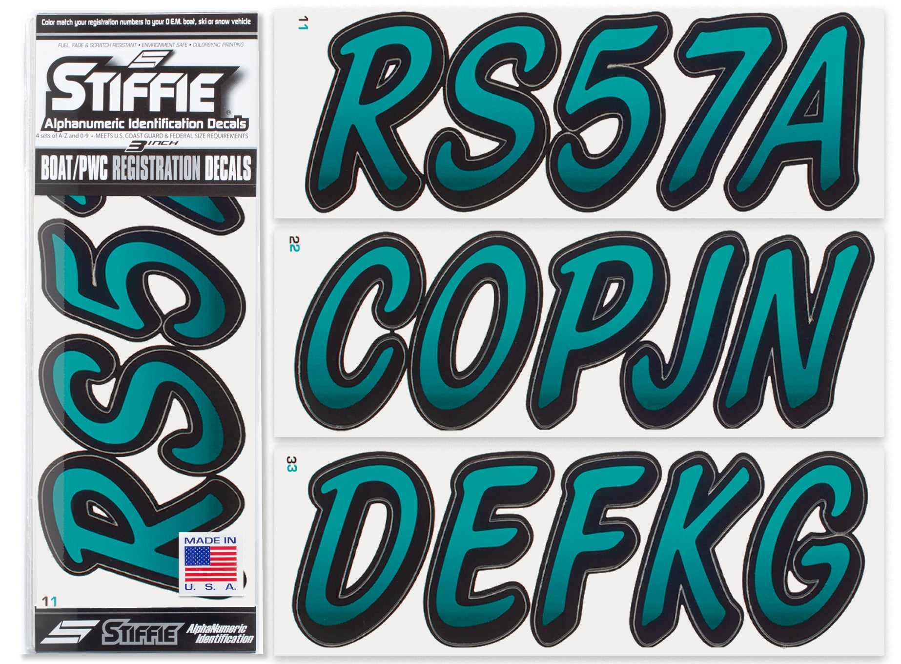 STIFFIE Whipline Aqua / Black 3" Alpha-Numeric Registration Identification Numbers Stickers Decals for Boats & Personal Watercraft…