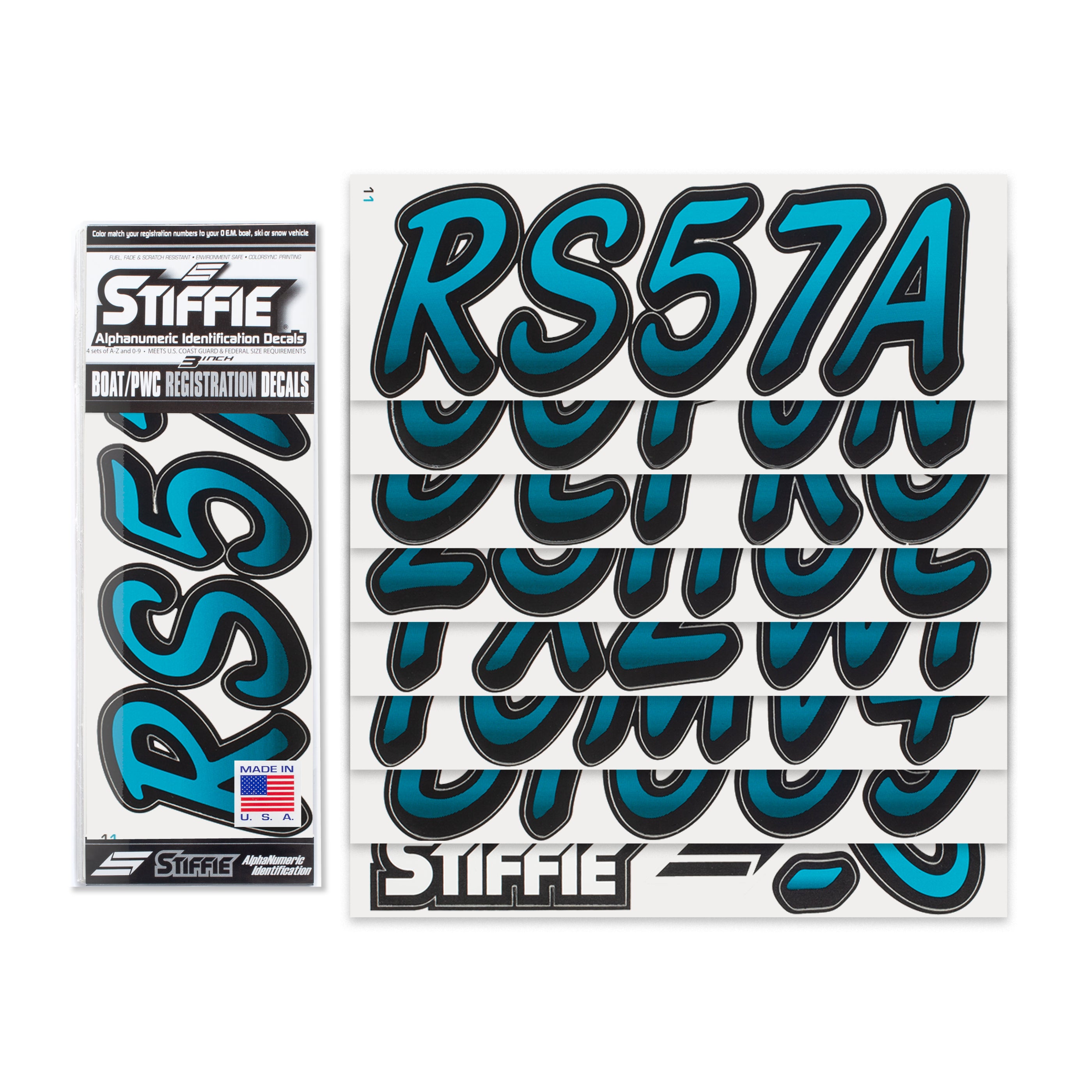 STIFFIE Whipline Aqua / Black 3" Alpha-Numeric Registration Identification Numbers Stickers Decals for Boats & Personal Watercraft…