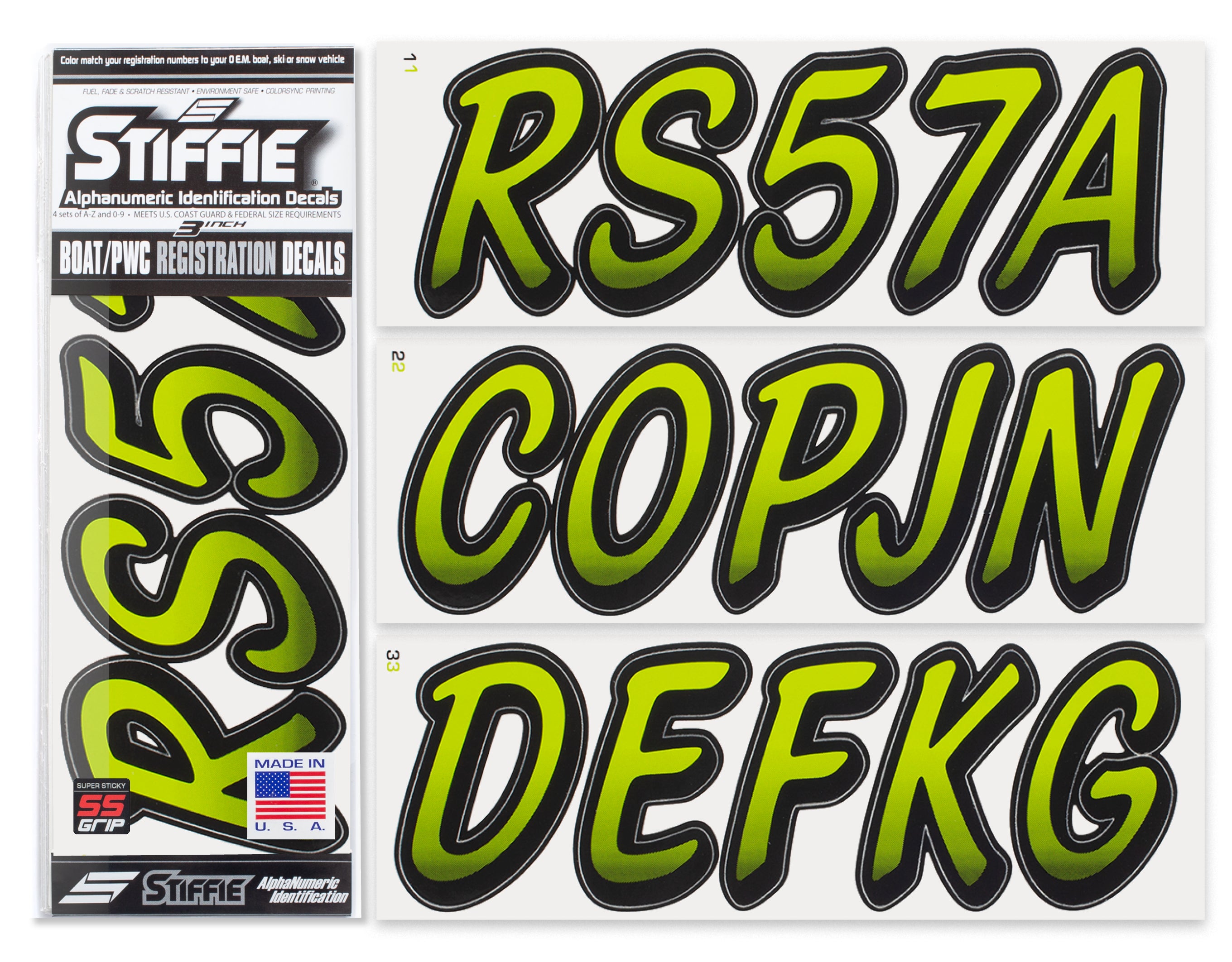 STIFFIE Whipline Atomic Green/Black 3" Super Sticky Boat & PWC Registration Decals • Numbers Letters Stickers