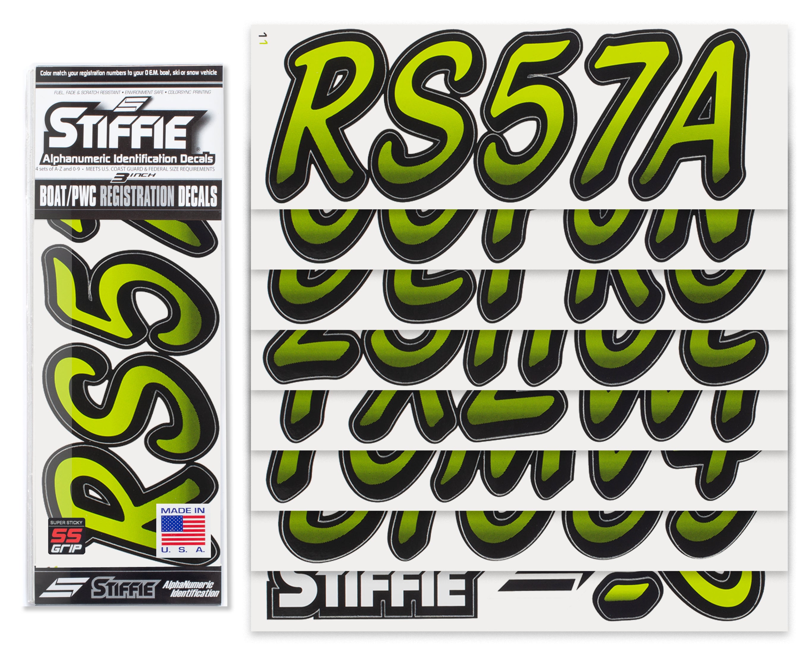 STIFFIE Whipline Atomic Green/Black 3" Super Sticky Boat & PWC Registration Decals • Numbers Letters Stickers