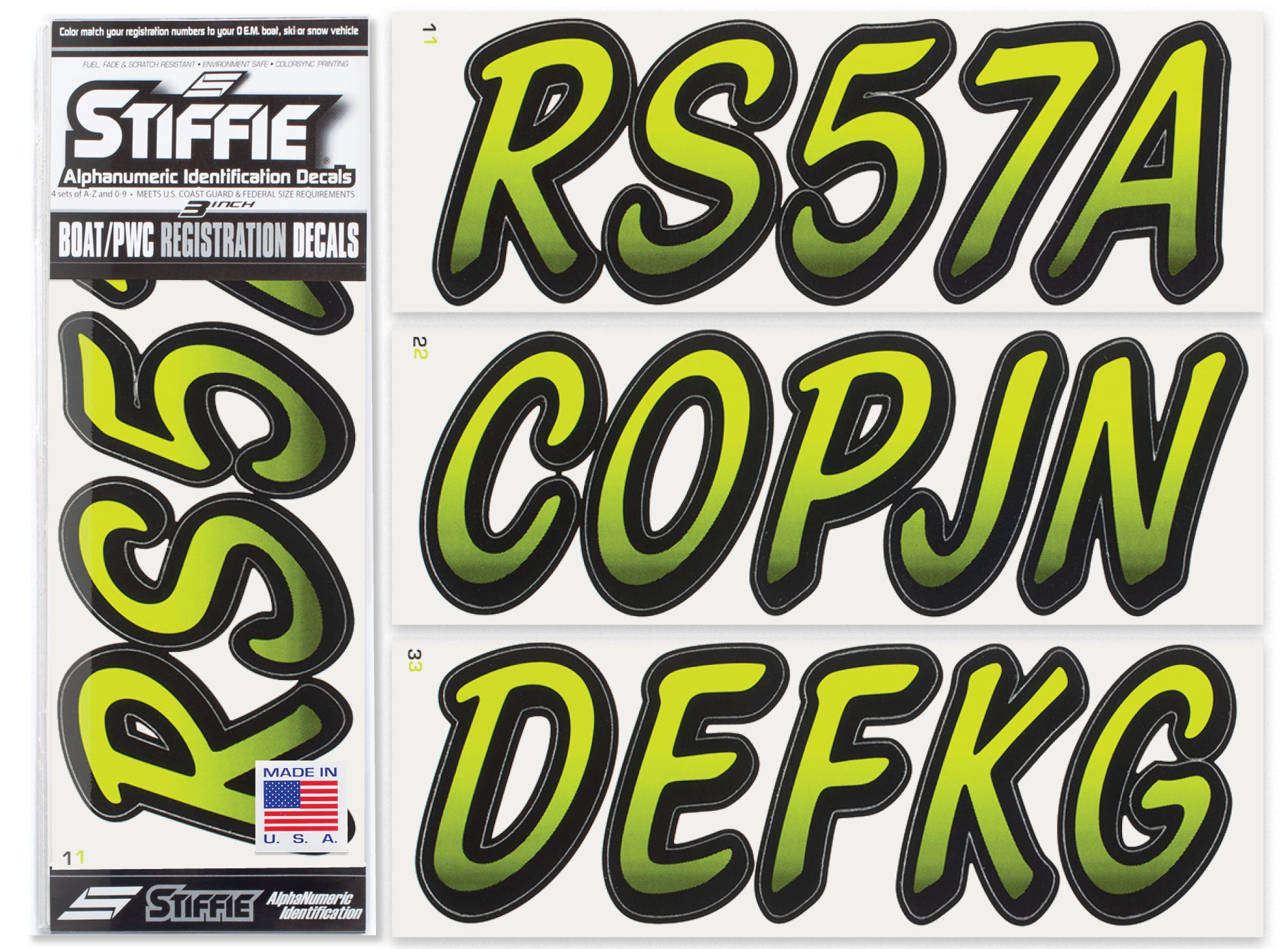 STIFFIE Whipline Atomic Green/Black 3" Boat & PWC Registration Decals • Numbers Letters Stickers