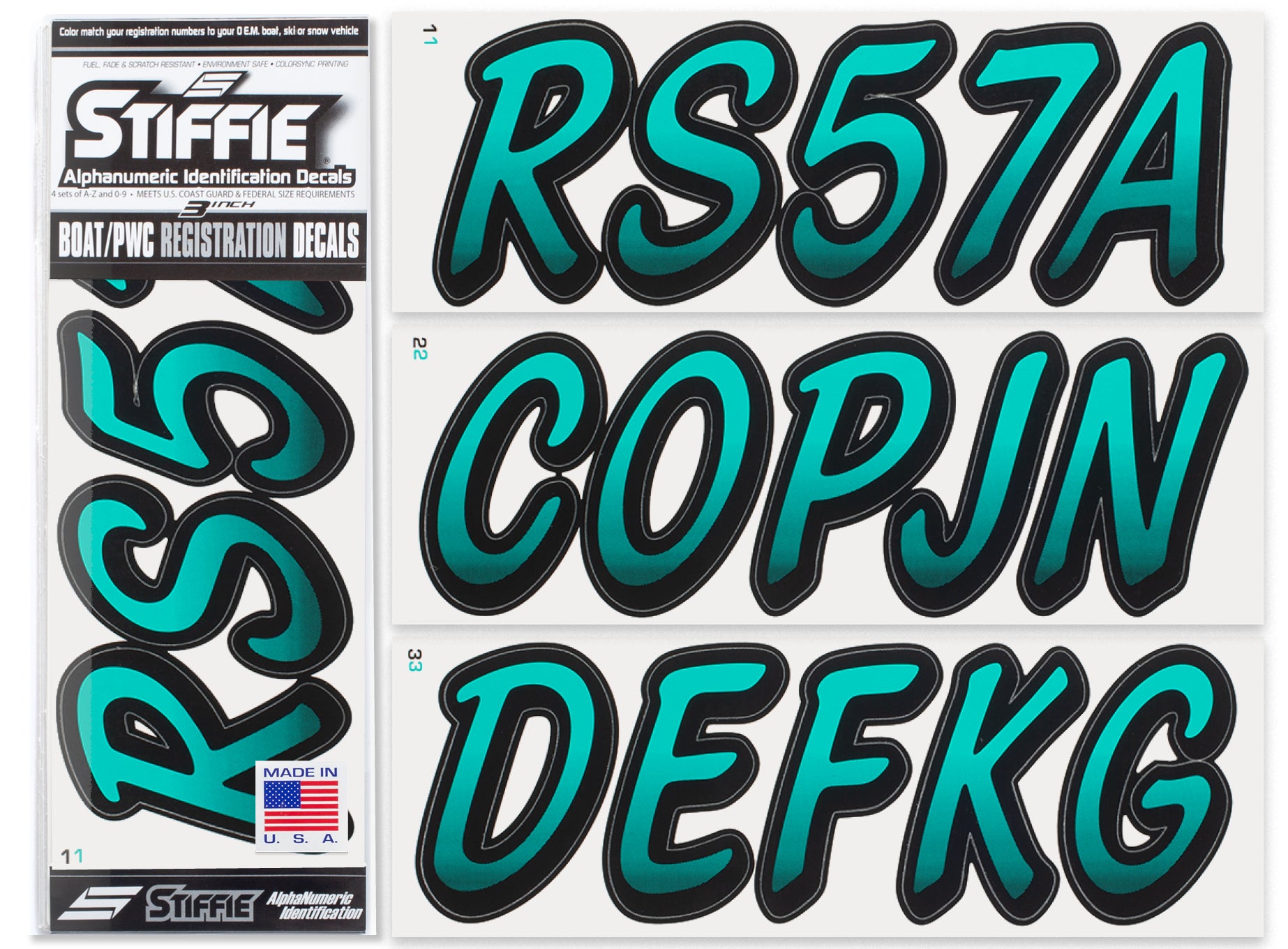 STIFFIE Whipline SeaTeal/Black 3" Boat & PWC Registration Decals • Numbers Letters Stickers