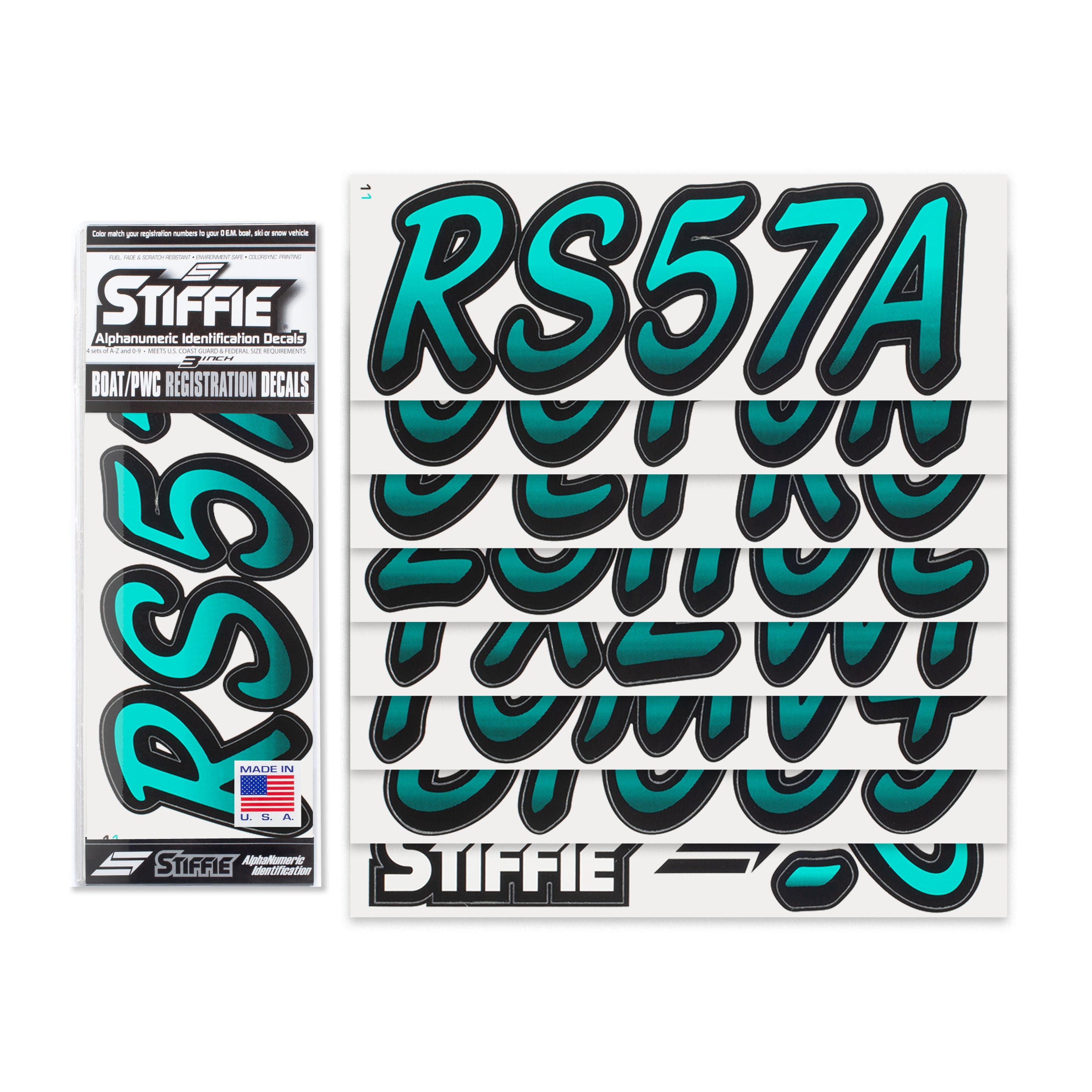 STIFFIE Whipline SeaTeal/Black 3" Boat & PWC Registration Decals • Numbers Letters Stickers