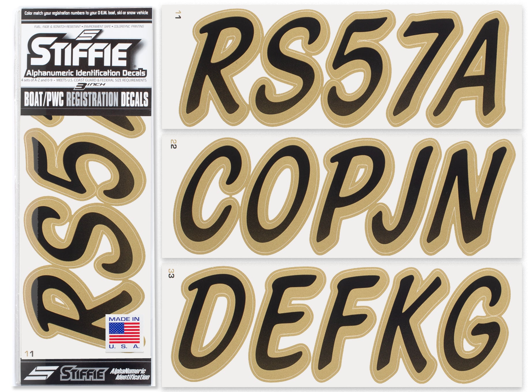 STIFFIE Whipline Black/Metallic Gold 3" Boat & PWC Registration Decals • Numbers Letters Stickers