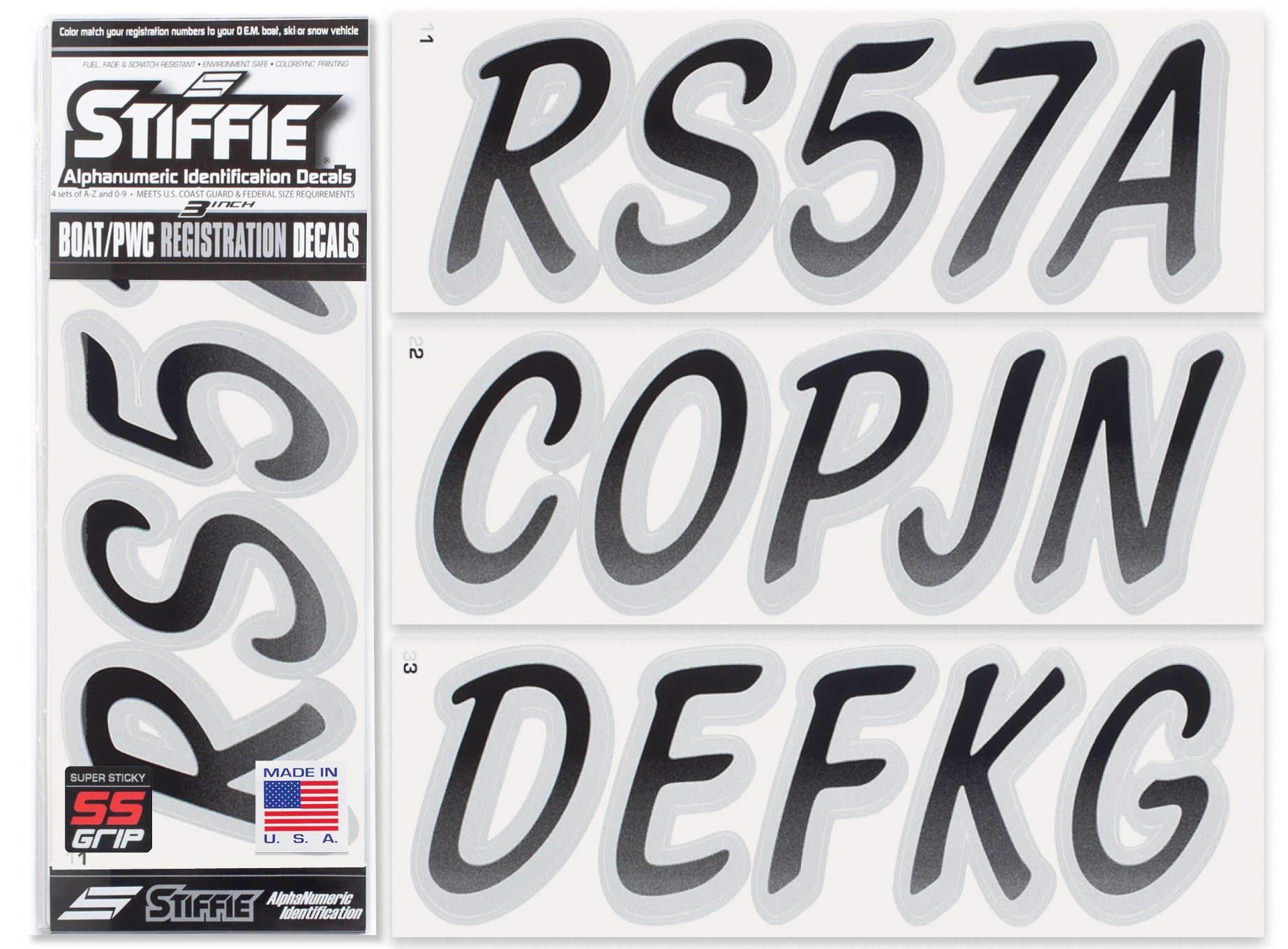 STIFFIE Whipline Black/Metallic Silver 3" Super Sticky Boat & PWC Registration Decals • Numbers Letters Stickers