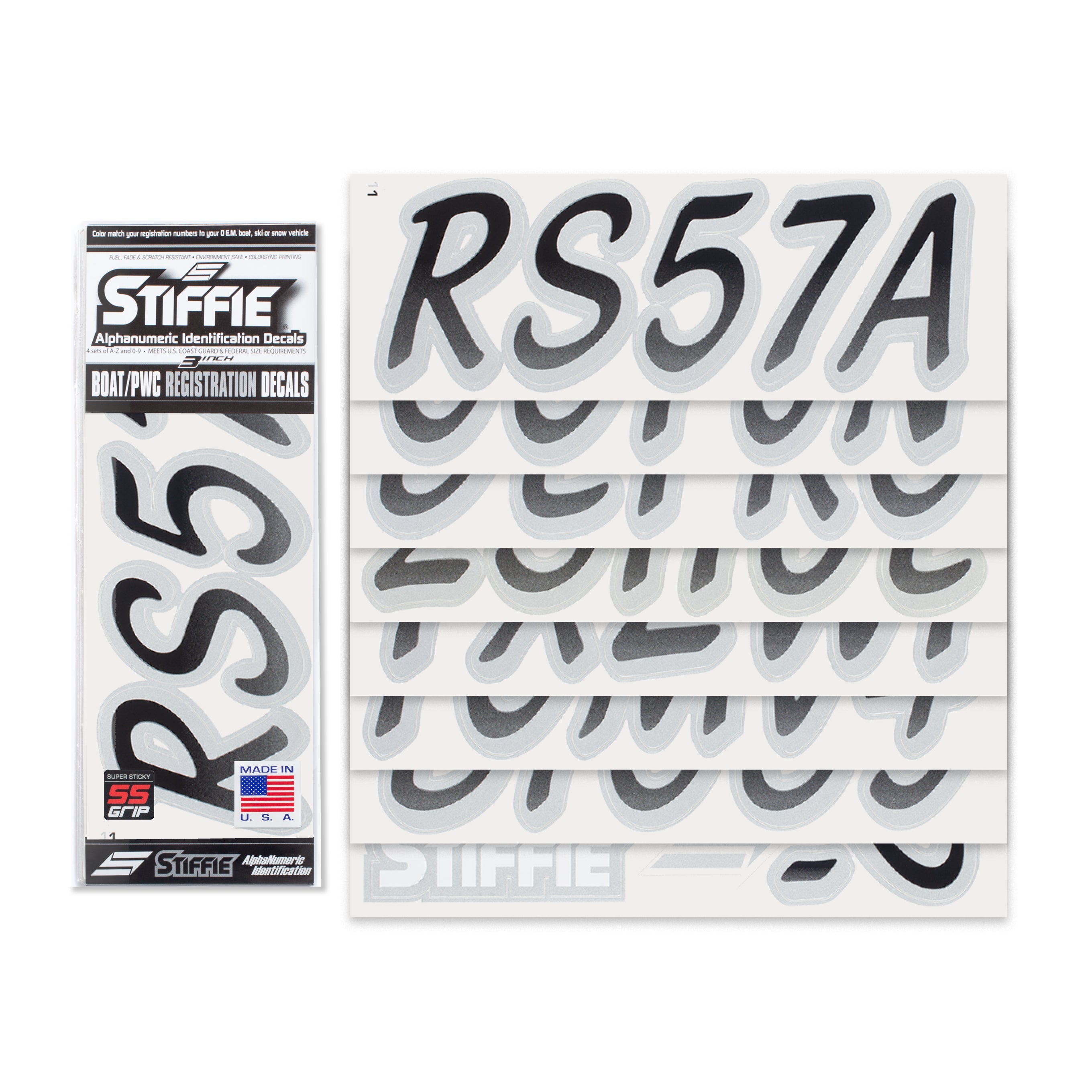 STIFFIE Whipline Black/Metallic Silver 3" Super Sticky Boat & PWC Registration Decals • Numbers Letters Stickers