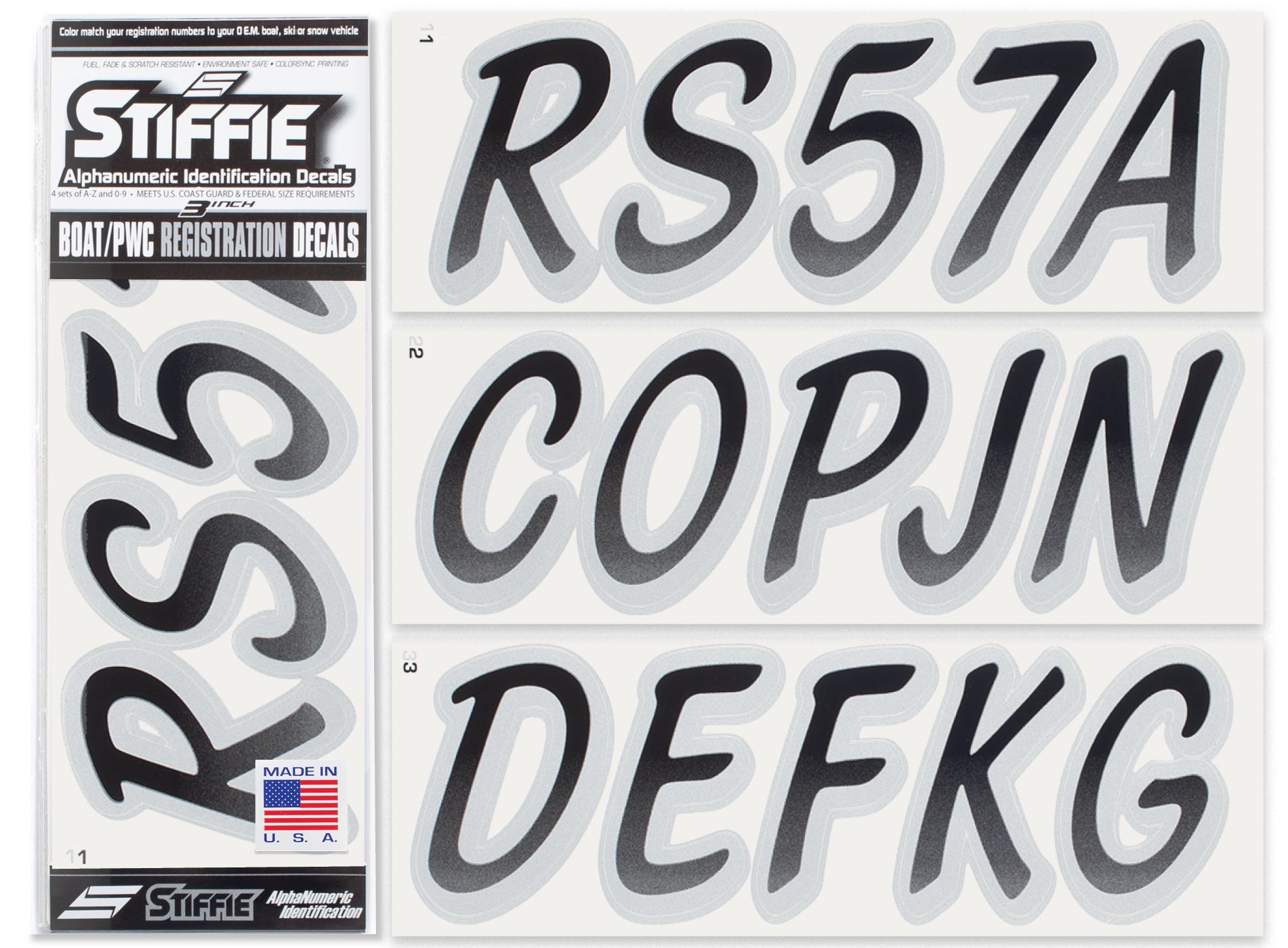 STIFFIE Whipline Black/Metallic Silver 3" Boat & PWC Registration Decals • Numbers Letters Stickers