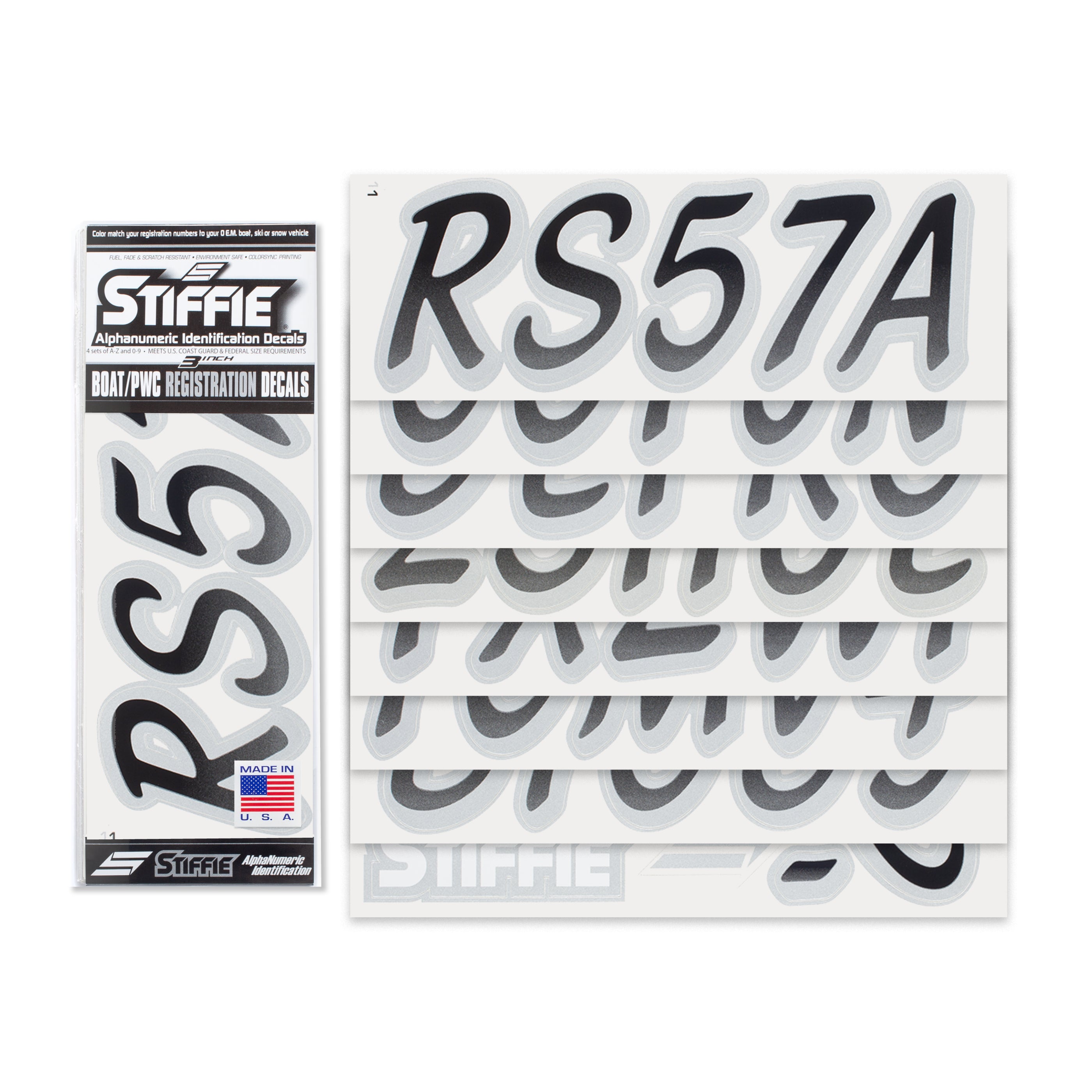 STIFFIE Whipline Black/Metallic Silver 3" Boat & PWC Registration Decals • Numbers Letters Stickers