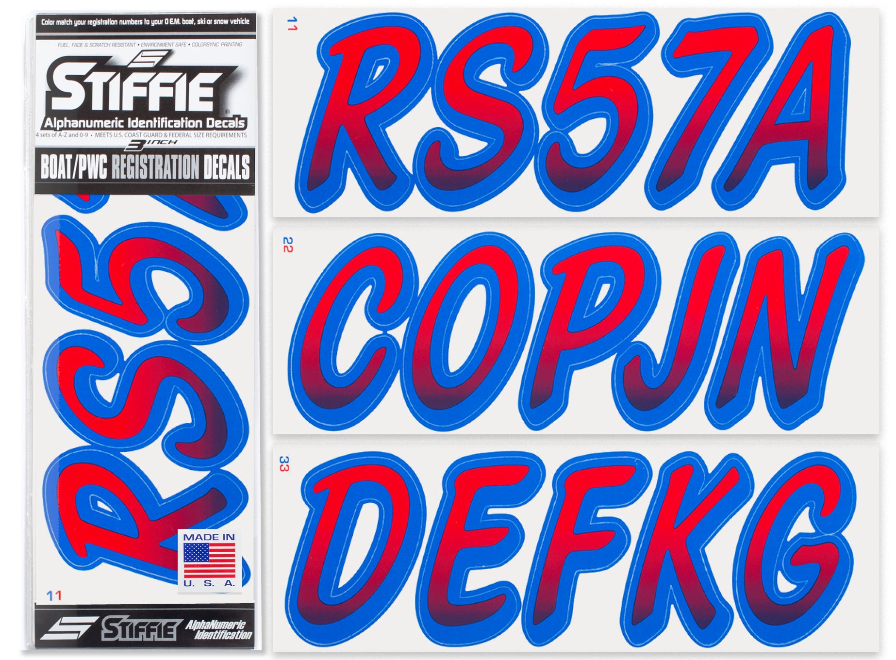 STIFFIE Whipline Red/Blue 3" Boat & PWC Registration Decals • Numbers Letters Stickers