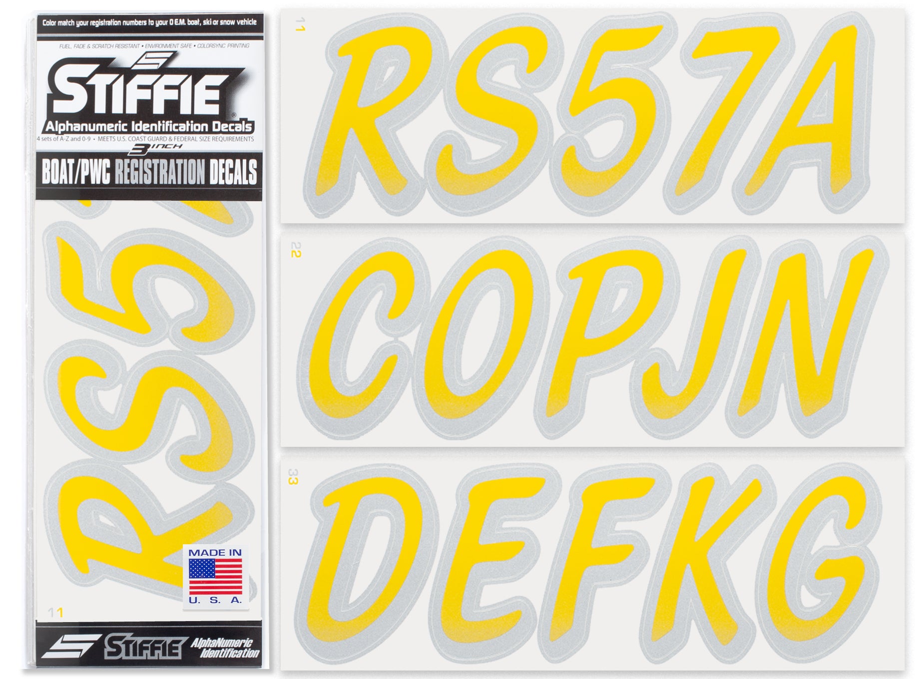 STIFFIE Whipline Yellow/Silver 3" Alpha-Numeric Registration Identification Numbers Stickers Decals for Boats & Personal Watercraft