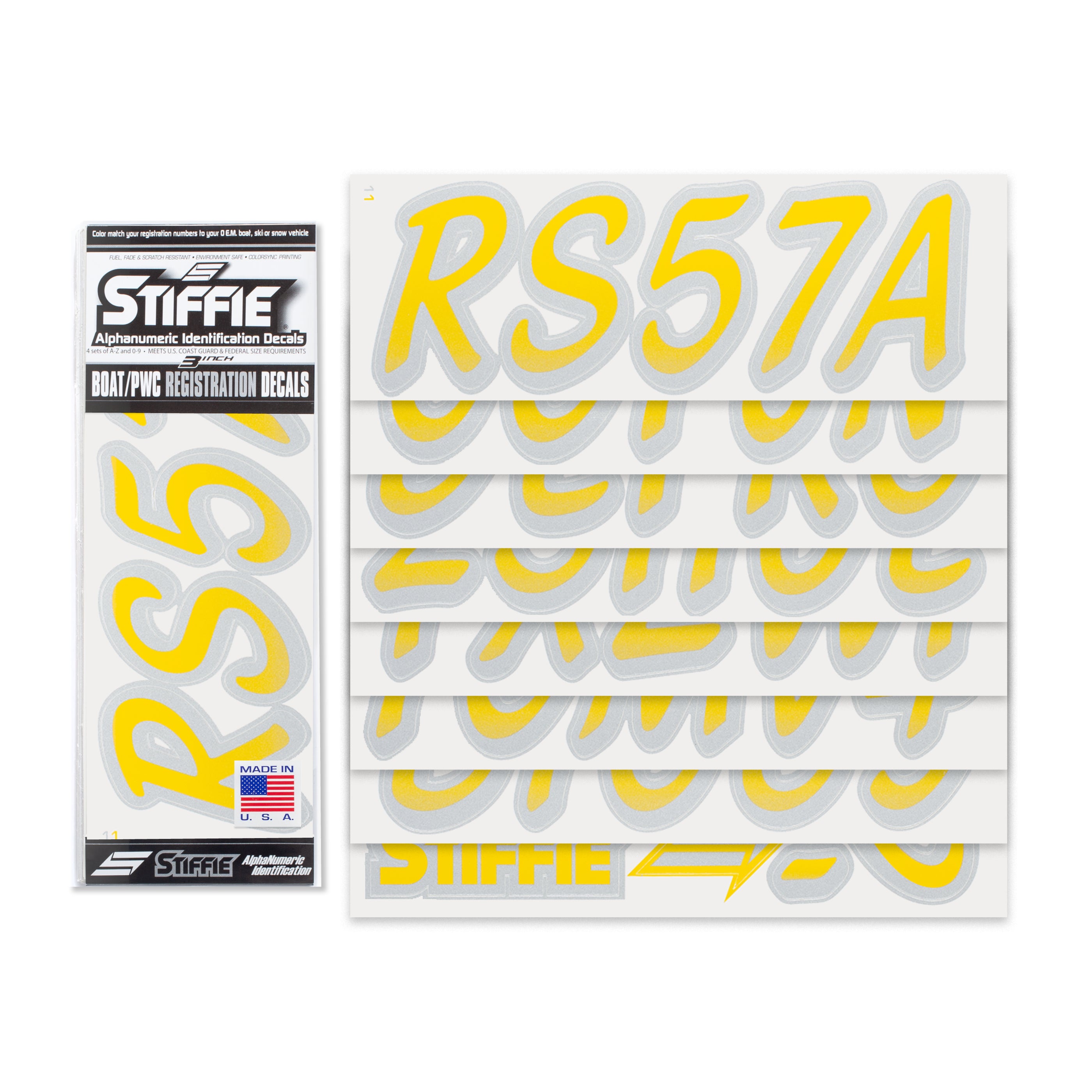 STIFFIE Whipline Yellow/Silver 3" Alpha-Numeric Registration Identification Numbers Stickers Decals for Boats & Personal Watercraft