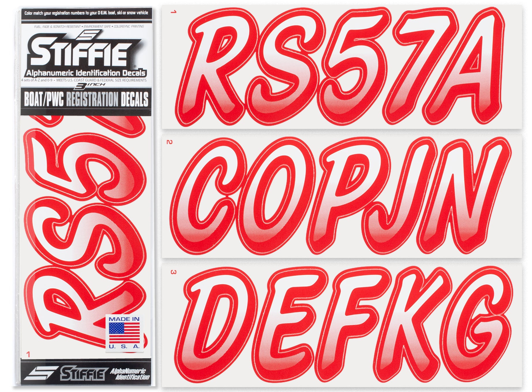 STIFFIE Whipline White/Red 3" Alpha-Numeric Registration Identification Numbers Stickers Decals for Boats & Personal Watercraft