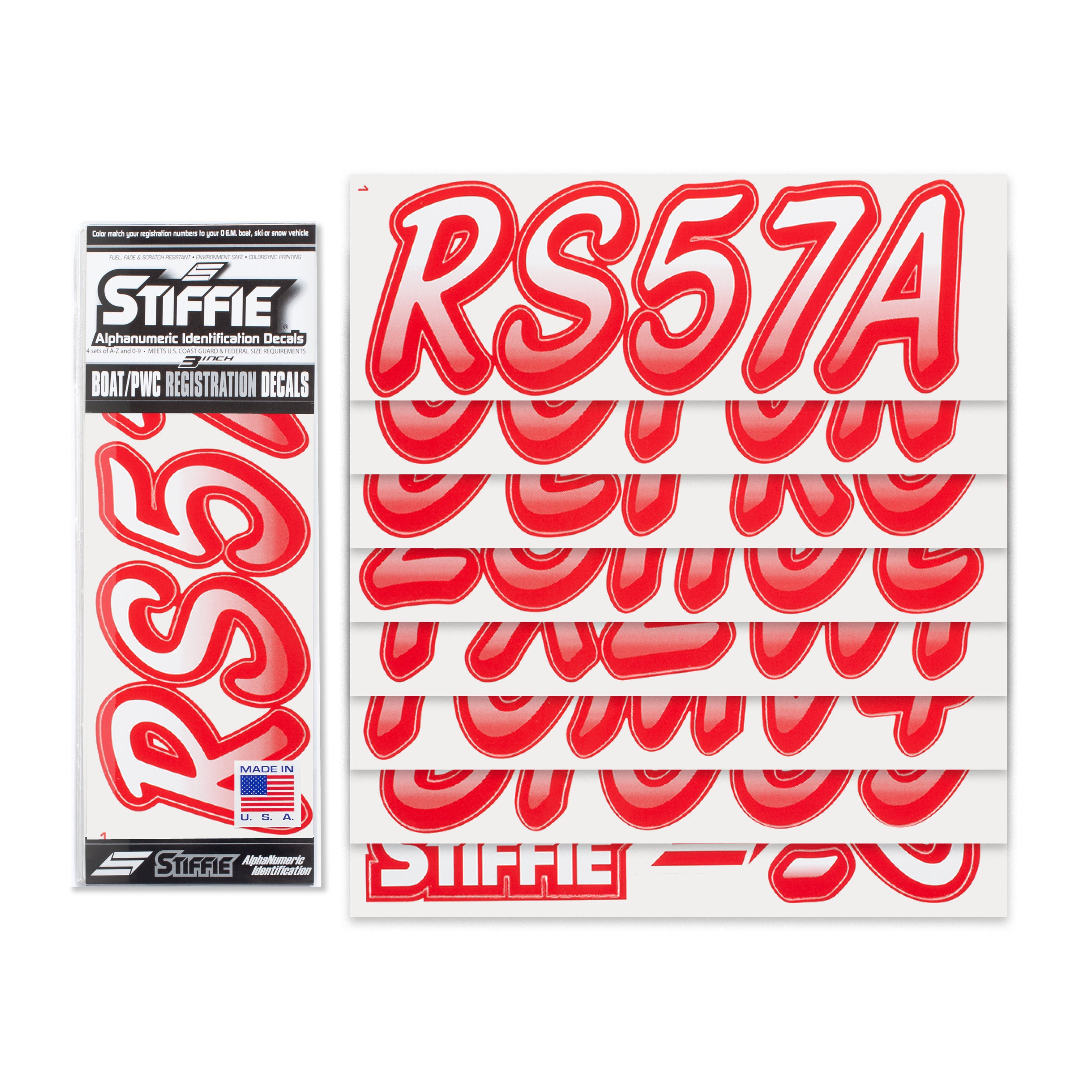 STIFFIE Whipline White/Red 3" Alpha-Numeric Registration Identification Numbers Stickers Decals for Boats & Personal Watercraft