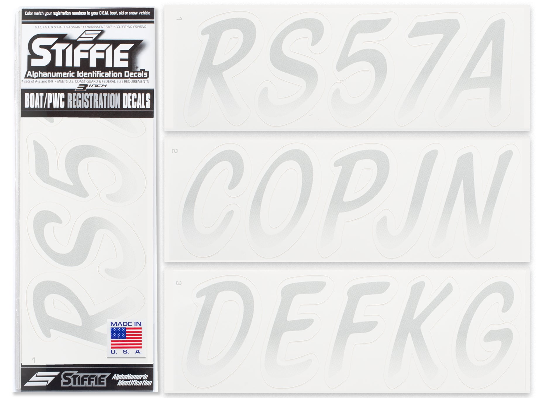 STIFFIE Whipline Silver/White 3" Alpha-Numeric Registration Identification Numbers Stickers Decals for Boats & Personal Watercraft