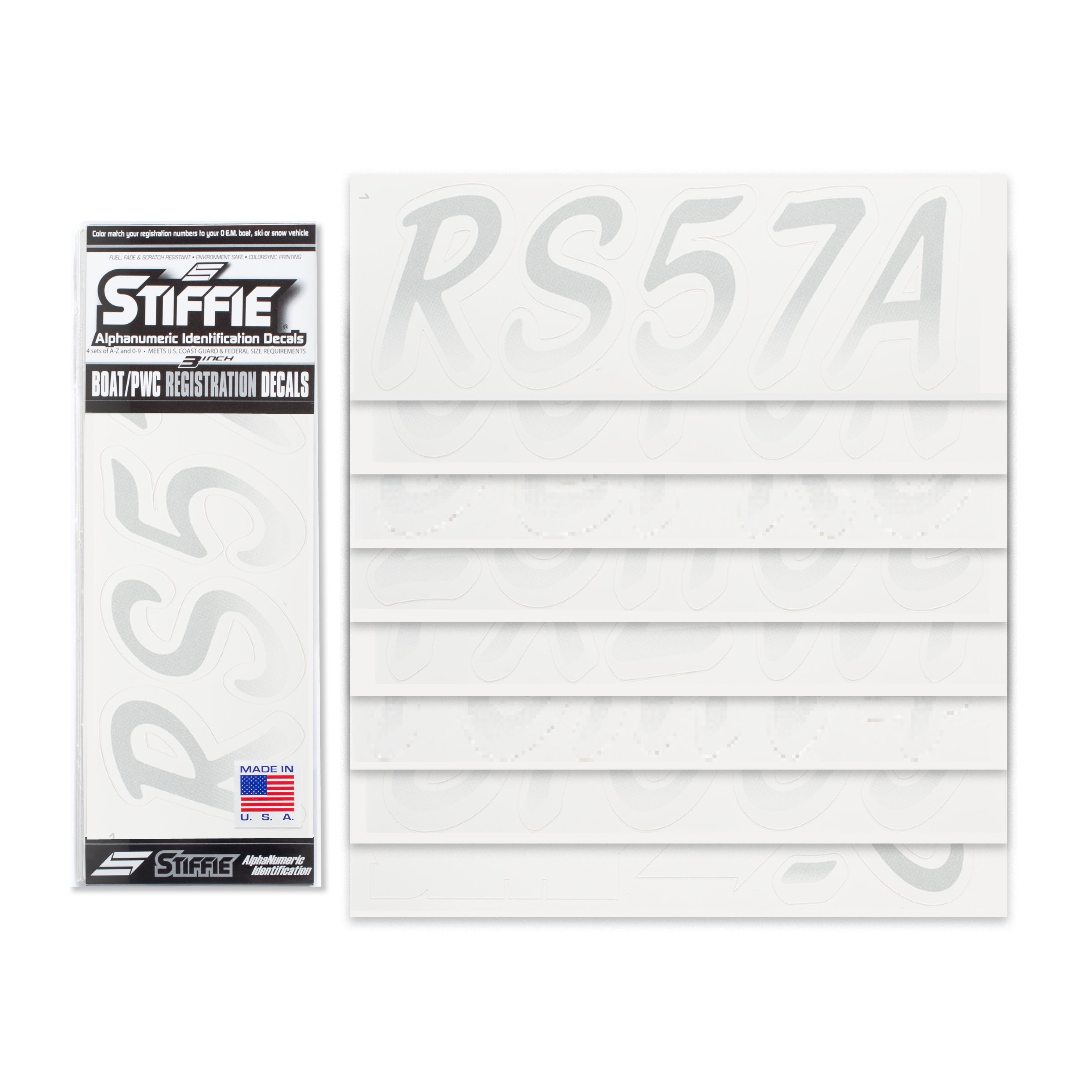 STIFFIE Whipline Silver/White 3" Alpha-Numeric Registration Identification Numbers Stickers Decals for Boats & Personal Watercraft