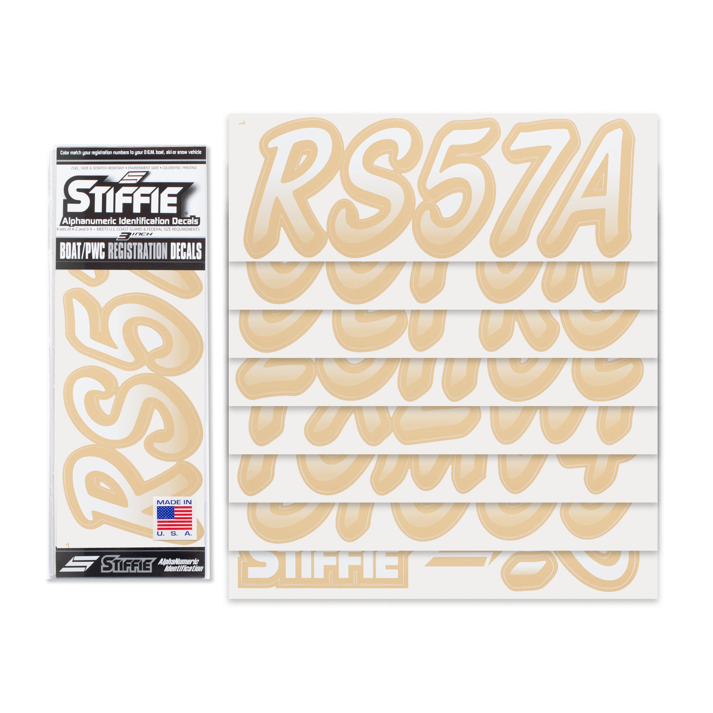 STIFFIE Whipline White/Tan 3" Alpha-Numeric Registration Identification Numbers Stickers Decals for Boats & Personal Watercraft