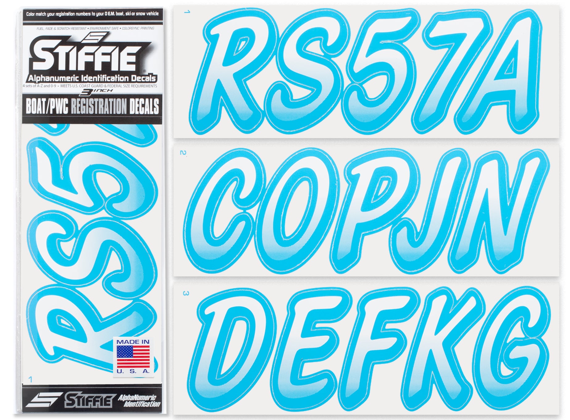 STIFFIE Whipline White/Sky Blue 3" Alpha-Numeric Registration Identification Numbers Stickers Decals for Boats & Personal Watercraft