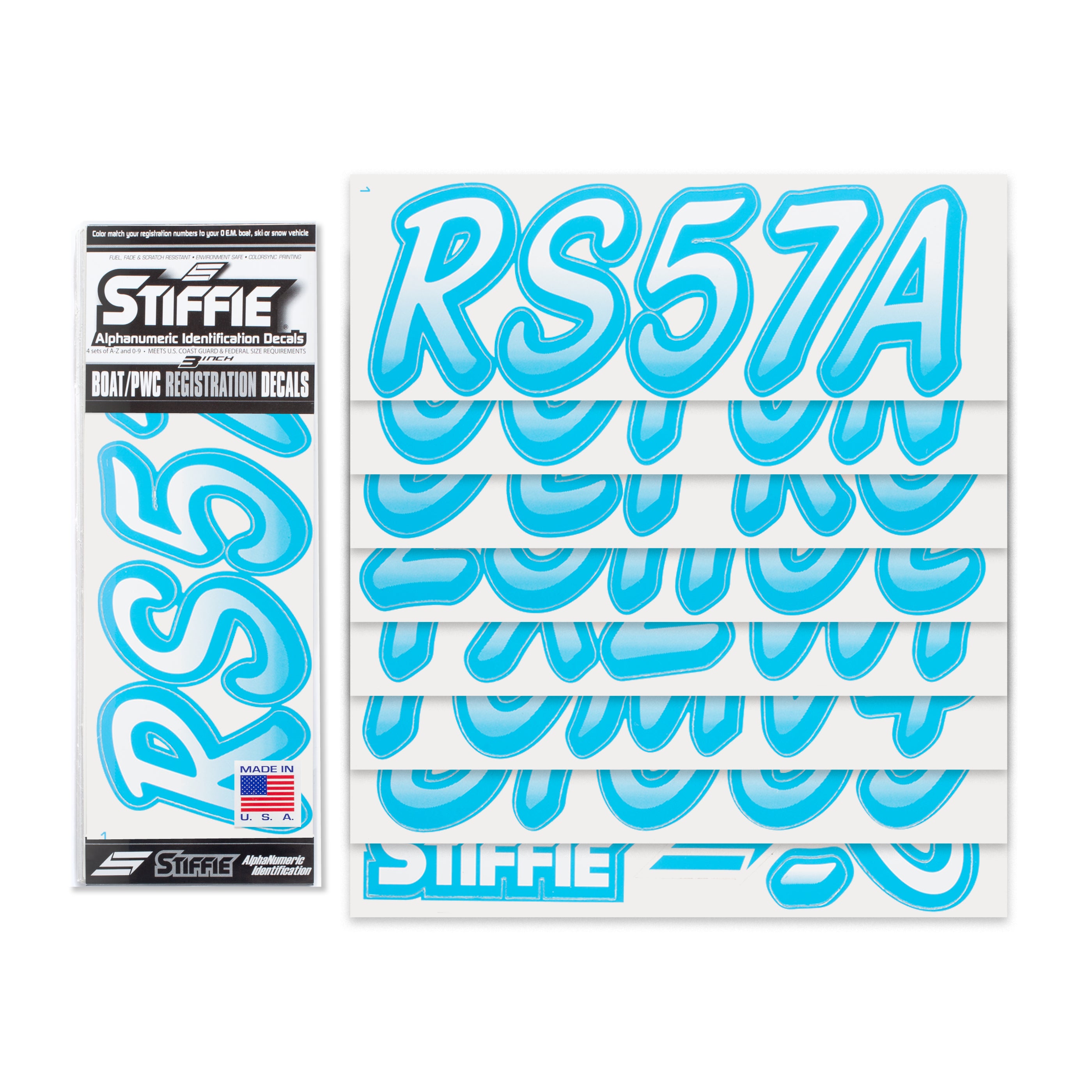 STIFFIE Whipline White/Sky Blue 3" Alpha-Numeric Registration Identification Numbers Stickers Decals for Boats & Personal Watercraft