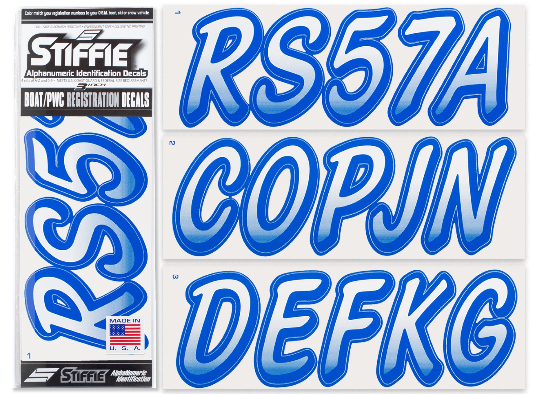 STIFFIE Whipline White/Blue 3" Alpha-Numeric Registration Identification Numbers Stickers Decals for Boats & Personal Watercraft