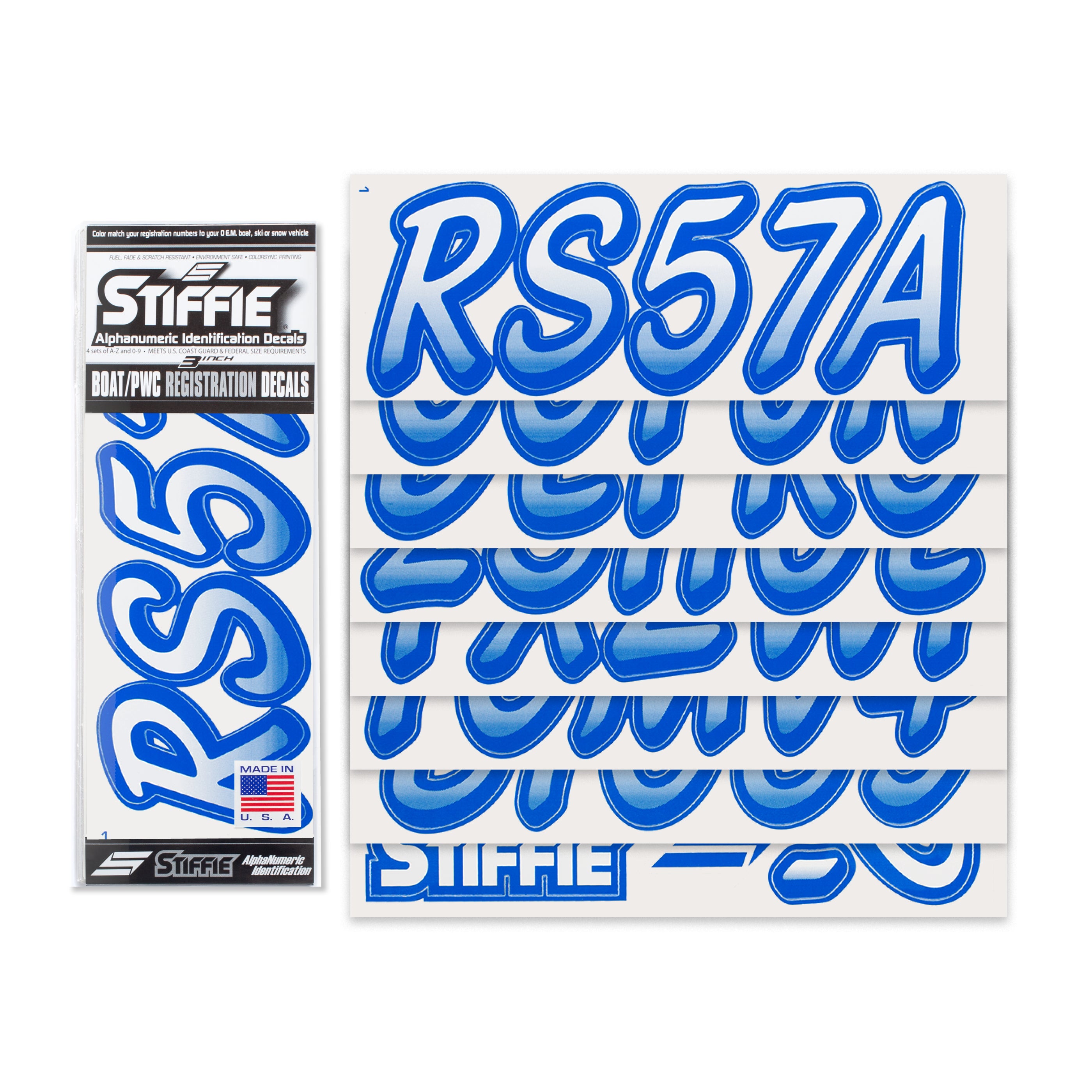 STIFFIE Whipline White/Blue 3" Alpha-Numeric Registration Identification Numbers Stickers Decals for Boats & Personal Watercraft