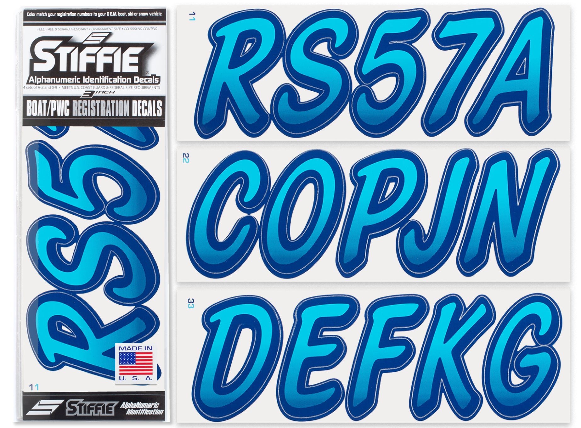 STIFFIE Whipline Sky Blue/Navy 3" Alpha-Numeric Registration Identification Numbers Stickers Decals for Boats & Personal Watercraft