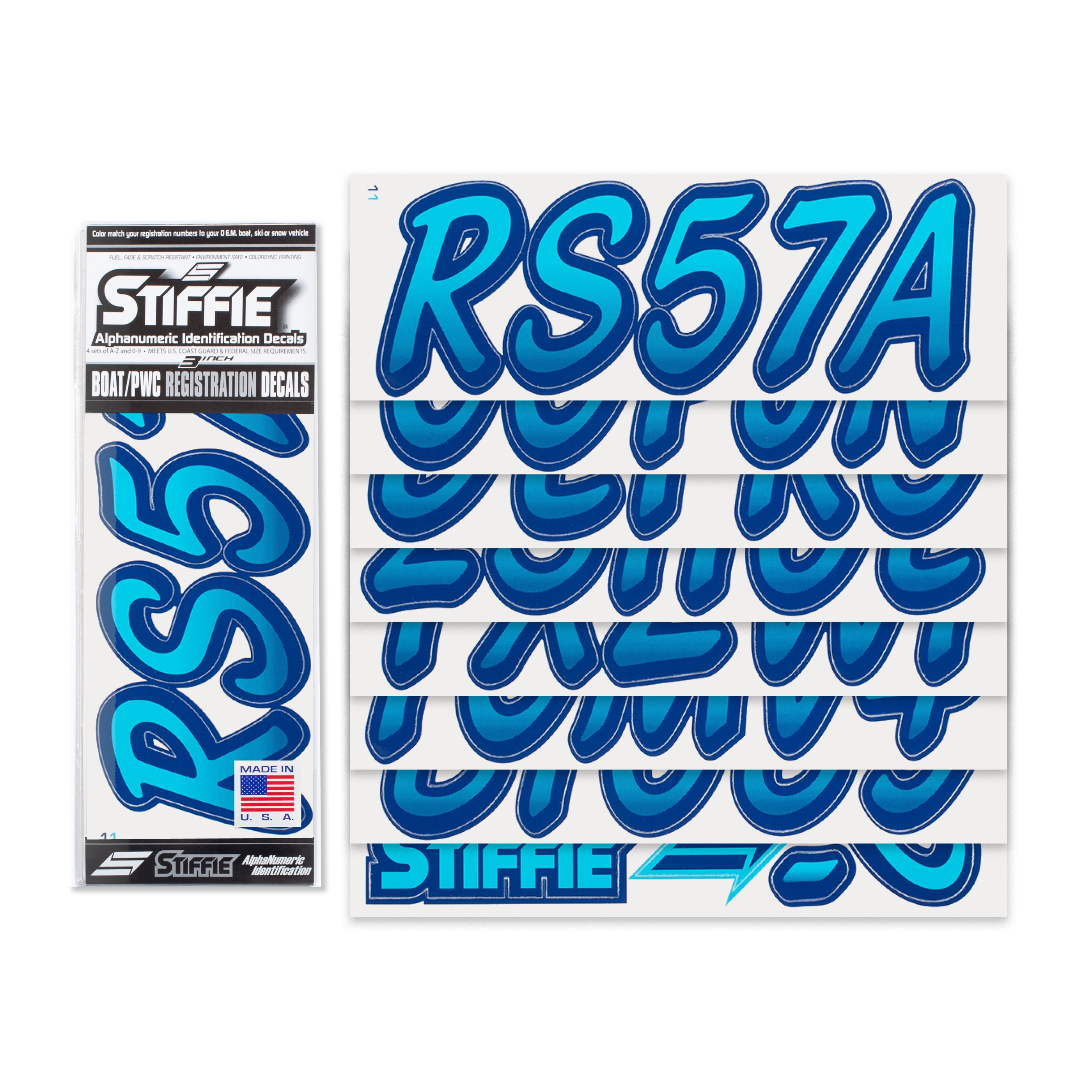 STIFFIE Whipline Sky Blue/Navy 3" Alpha-Numeric Registration Identification Numbers Stickers Decals for Boats & Personal Watercraft