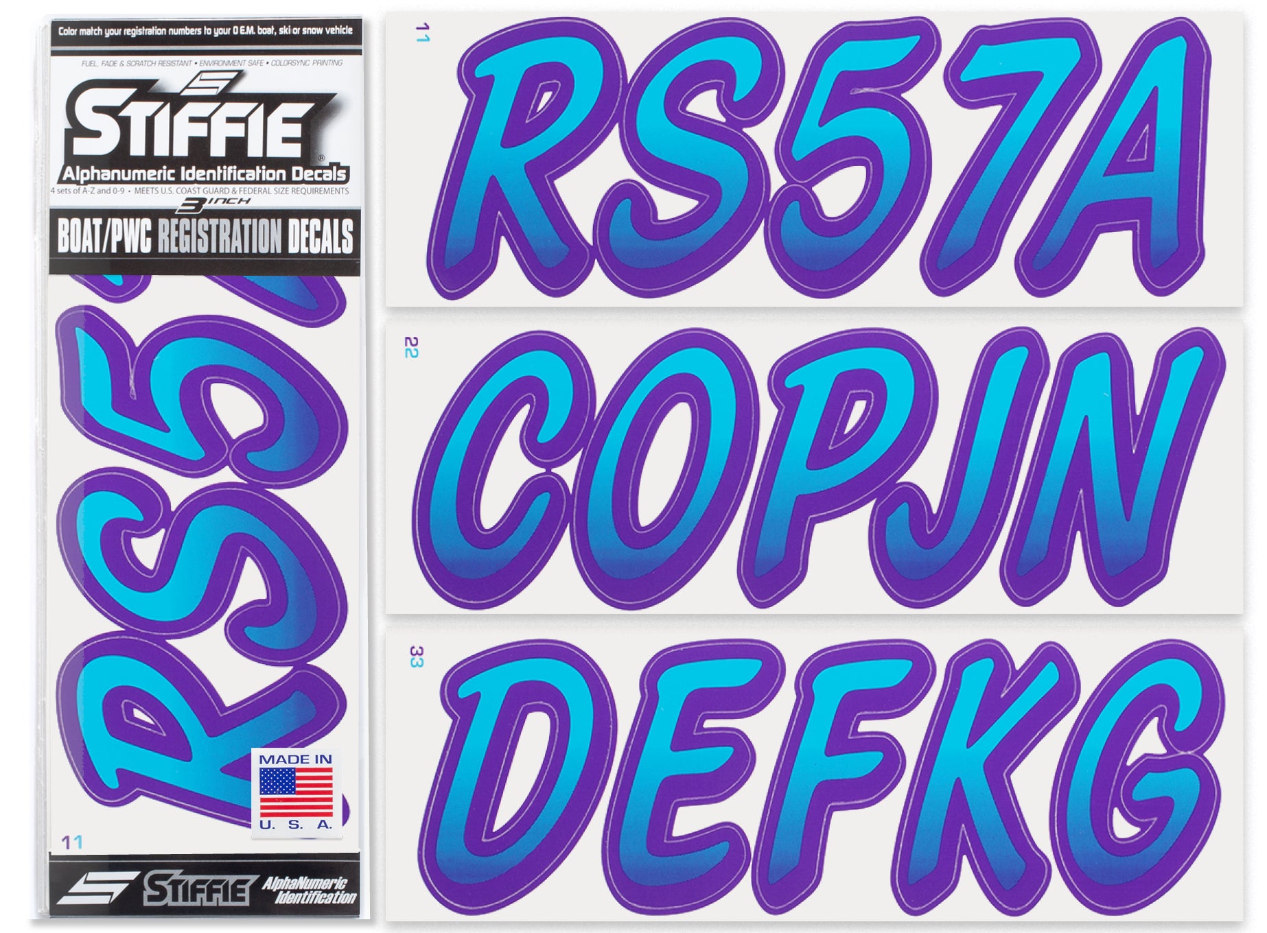STIFFIE Whipline Sky Blue/Purple 3" Alpha-Numeric Registration Identification Numbers Stickers Decals for Boats & Personal Watercraft