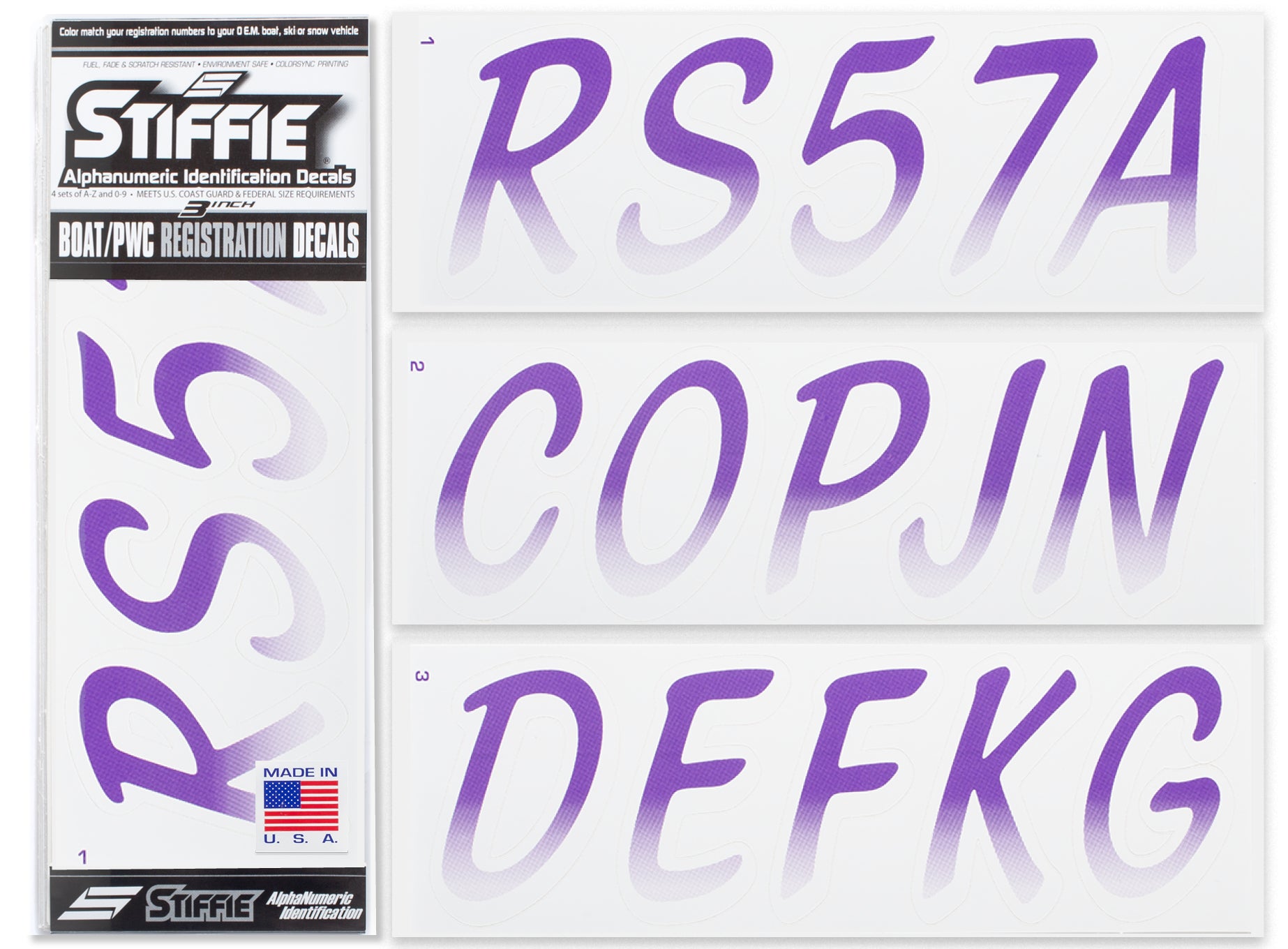 STIFFIE Whipline Purple/White 3" Alpha-Numeric Registration Identification Numbers Stickers Decals for Boats & Personal Watercraft
