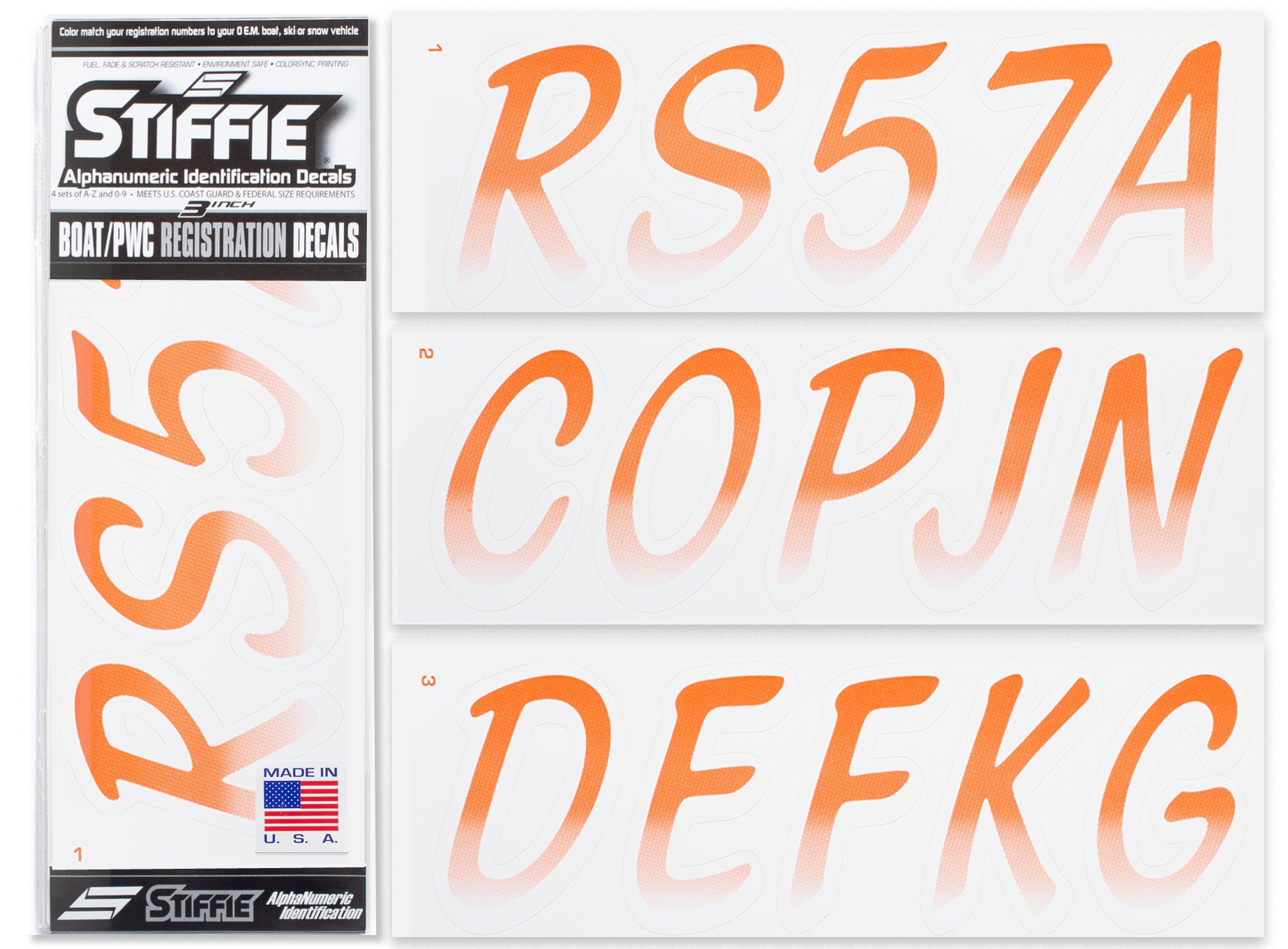 STIFFIE Whipline Orange/White 3" Alpha-Numeric Registration Identification Numbers Stickers Decals for Boats & Personal Watercraft