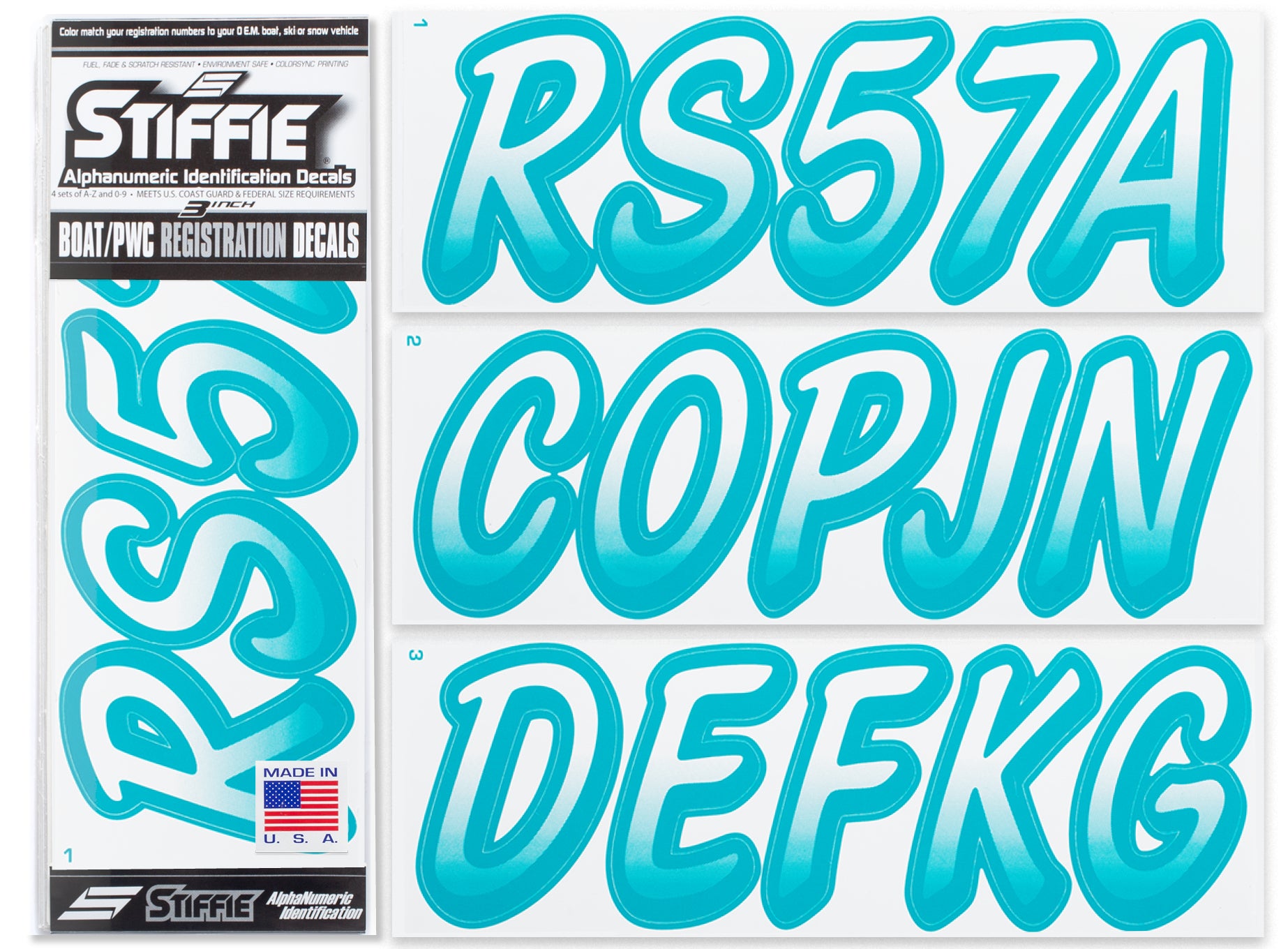 STIFFIE Whipline White / Aqua 3" Alpha-Numeric Registration Identification Numbers Stickers Decals for Boats & Personal Watercraft
