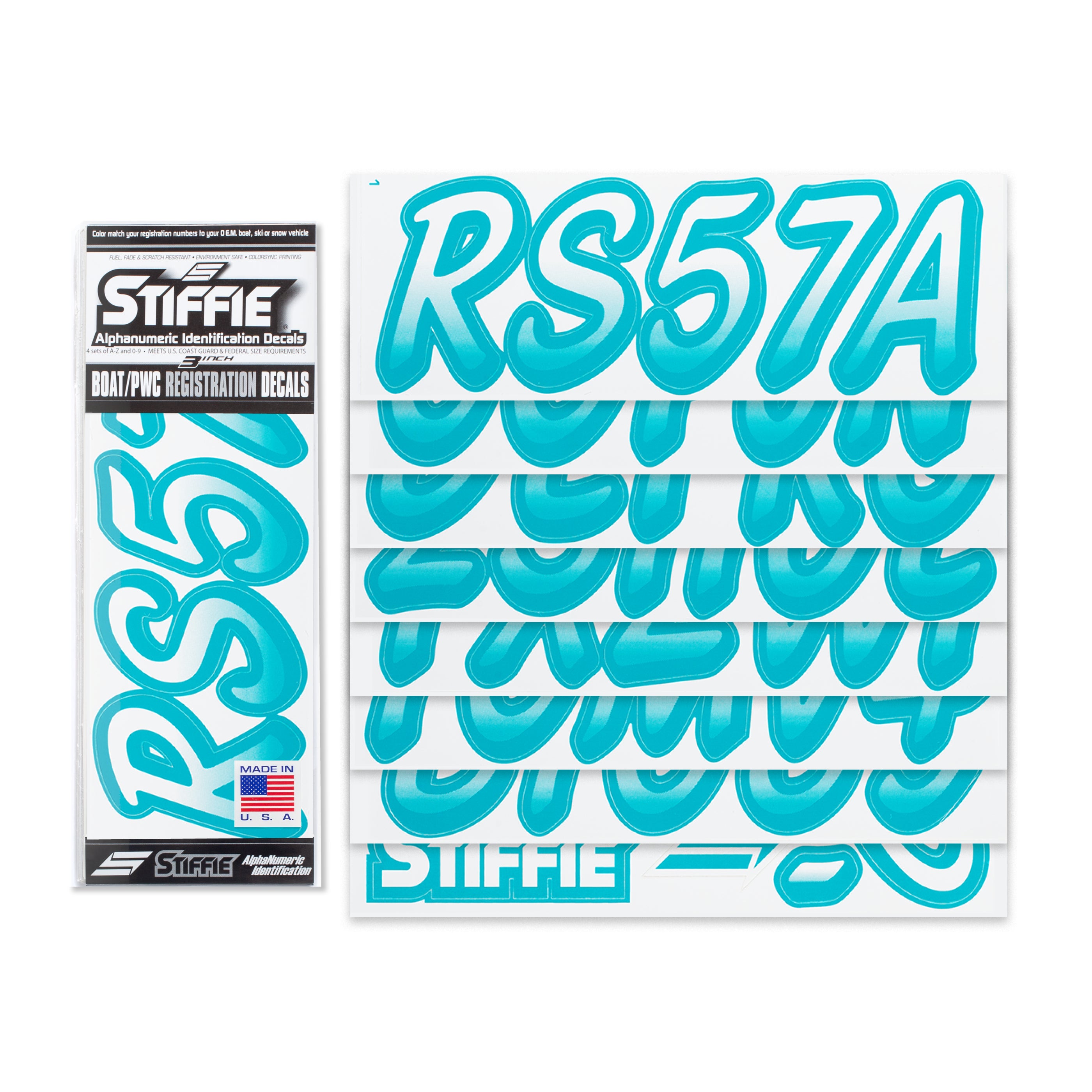 STIFFIE Whipline White / Aqua 3" Alpha-Numeric Registration Identification Numbers Stickers Decals for Boats & Personal Watercraft