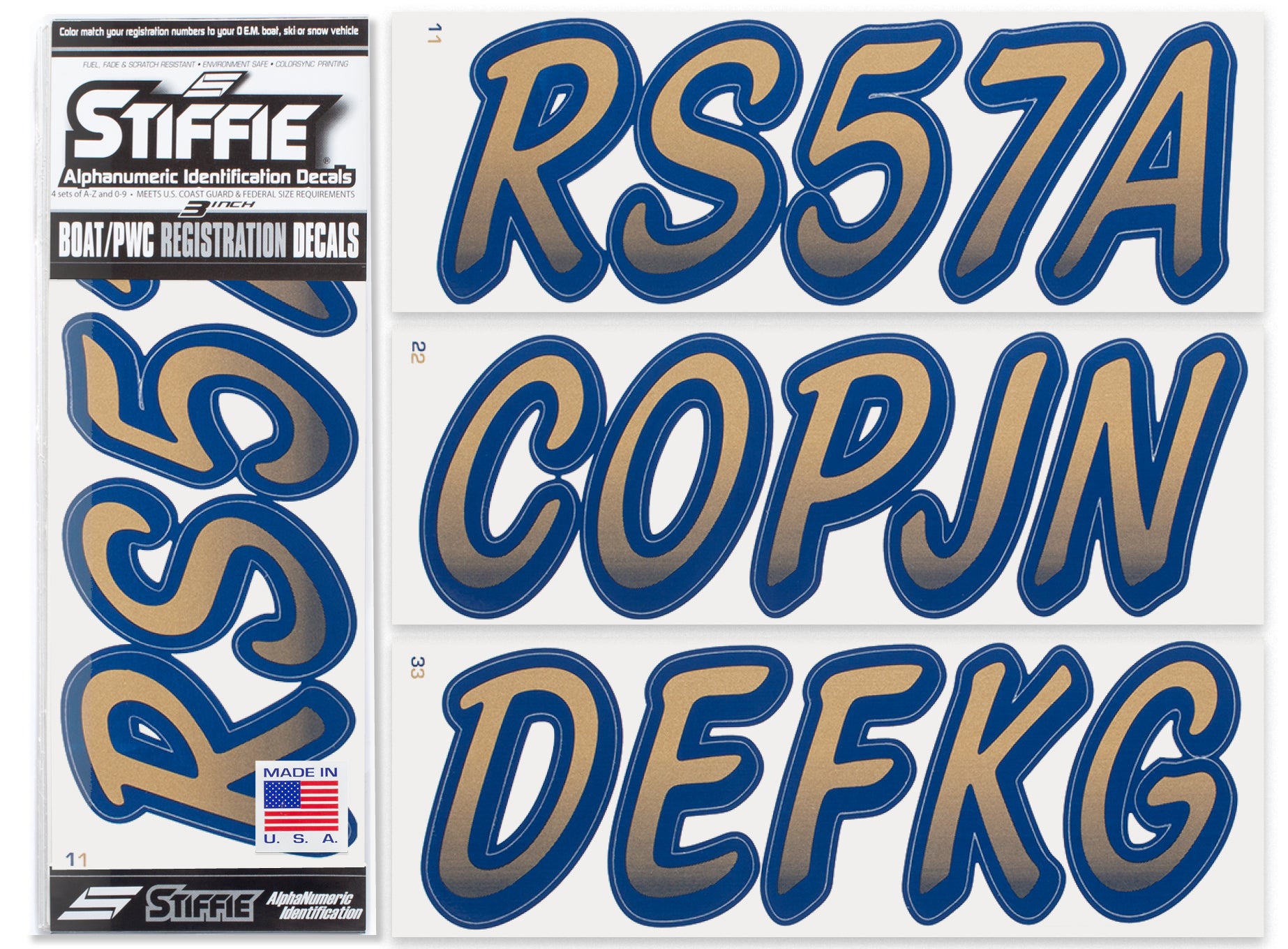 Stiffie Whipline Metallic Gold/Navy 3" Alpha-Numeric Registration Identification Numbers Stickers Decals for Boats & Personal Watercraft