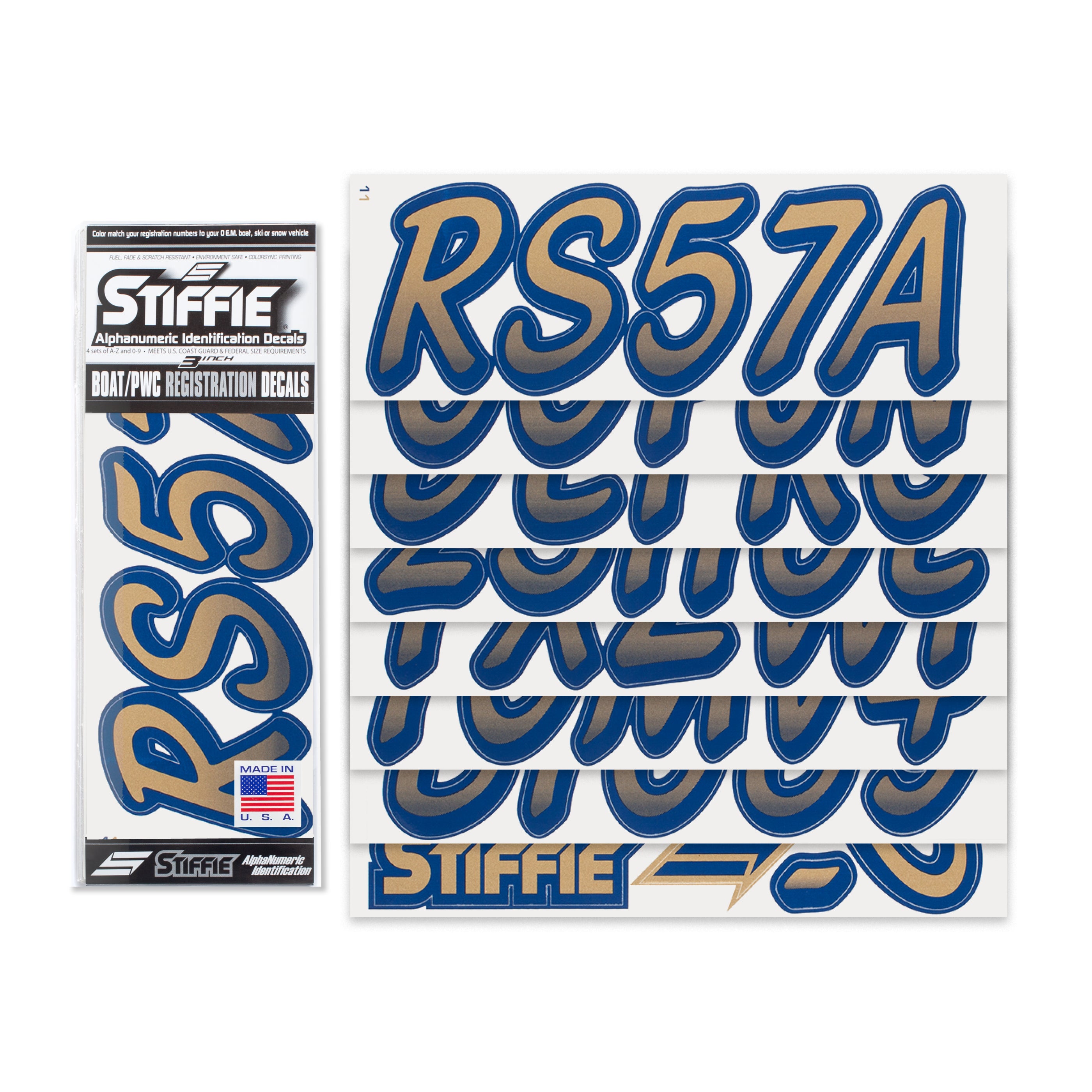 Stiffie Whipline Metallic Gold/Navy 3" Alpha-Numeric Registration Identification Numbers Stickers Decals for Boats & Personal Watercraft