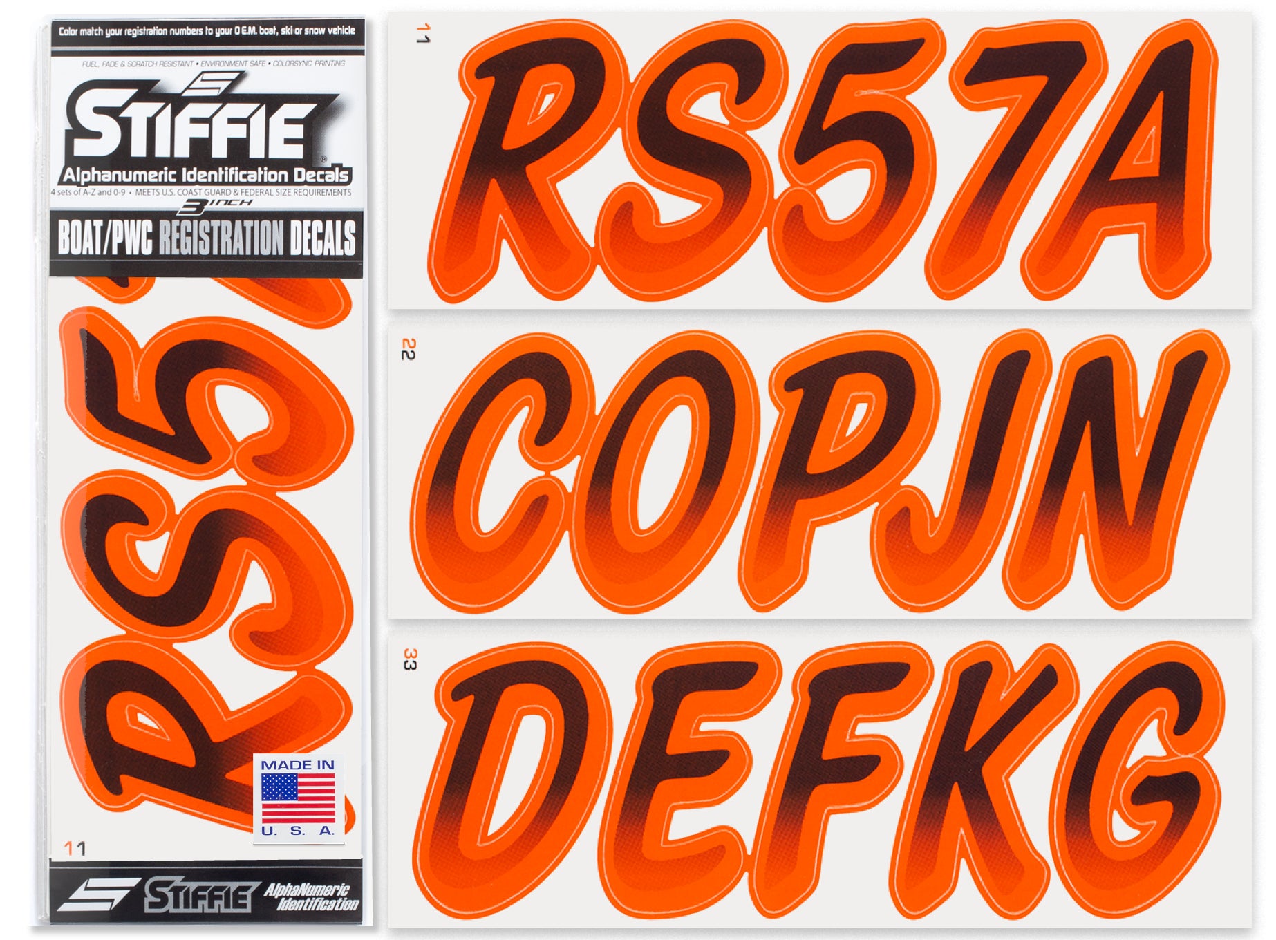 Stiffie Whipline Black/Orange 3" Alpha-Numeric Registration Identification Numbers Stickers Decals for Boats & Personal Watercraft