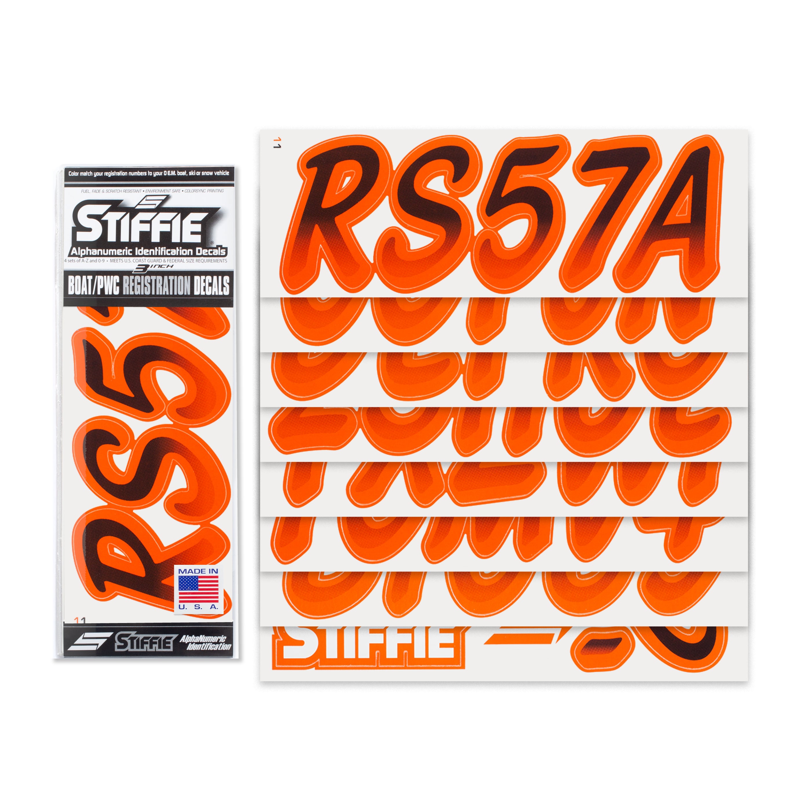 Stiffie Whipline Black/Orange 3" Alpha-Numeric Registration Identification Numbers Stickers Decals for Boats & Personal Watercraft